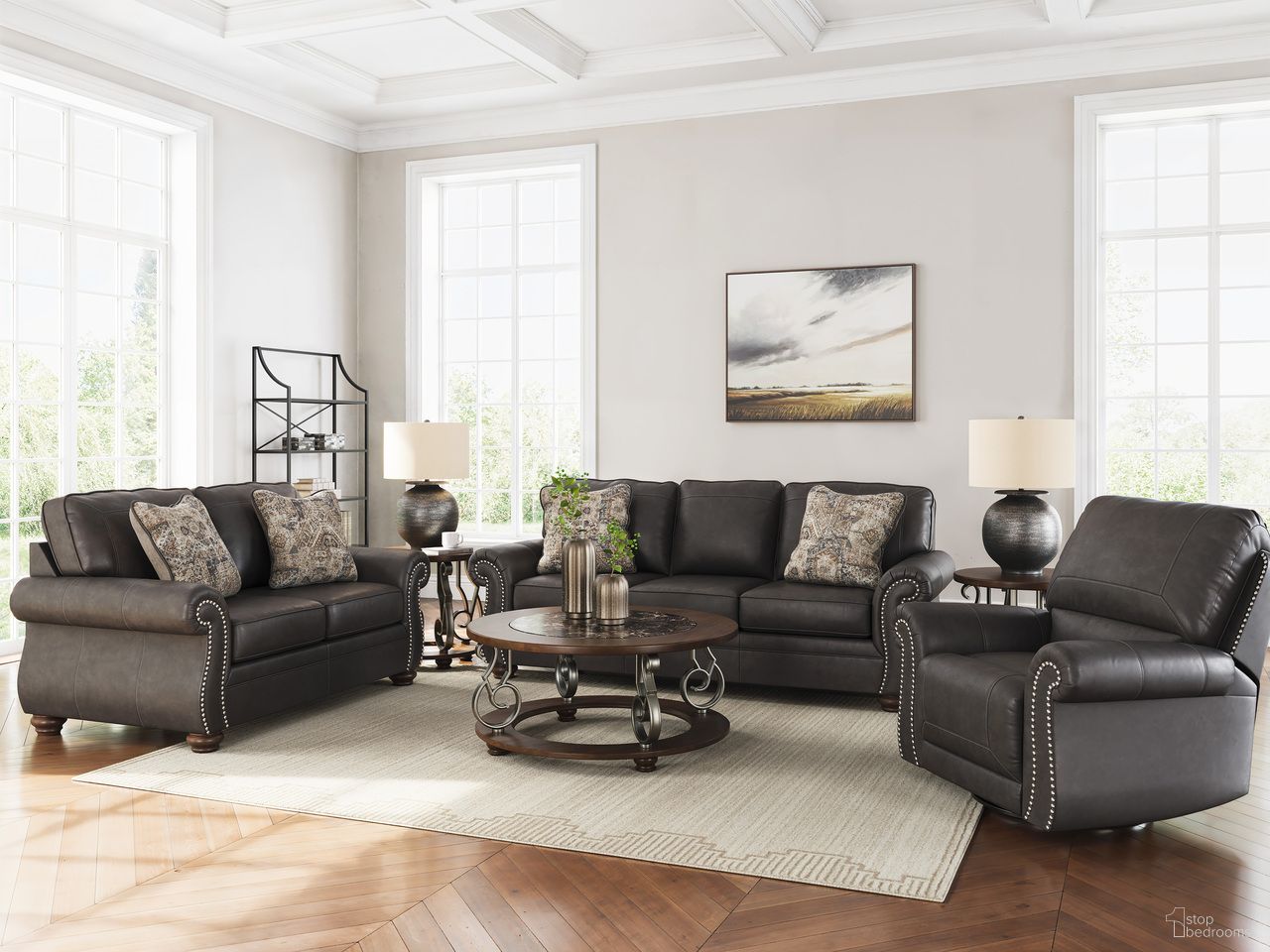 The appearance of Chatterton Living Room Set In Granite designed by Signature Design by Ashley in the traditional interior design. This granite piece of furniture was selected by 1StopBedrooms from Chatterton Collection to add a touch of cosiness and style into your home. Sku: NC5590338;NC5590335. Material: Faux Leather.
