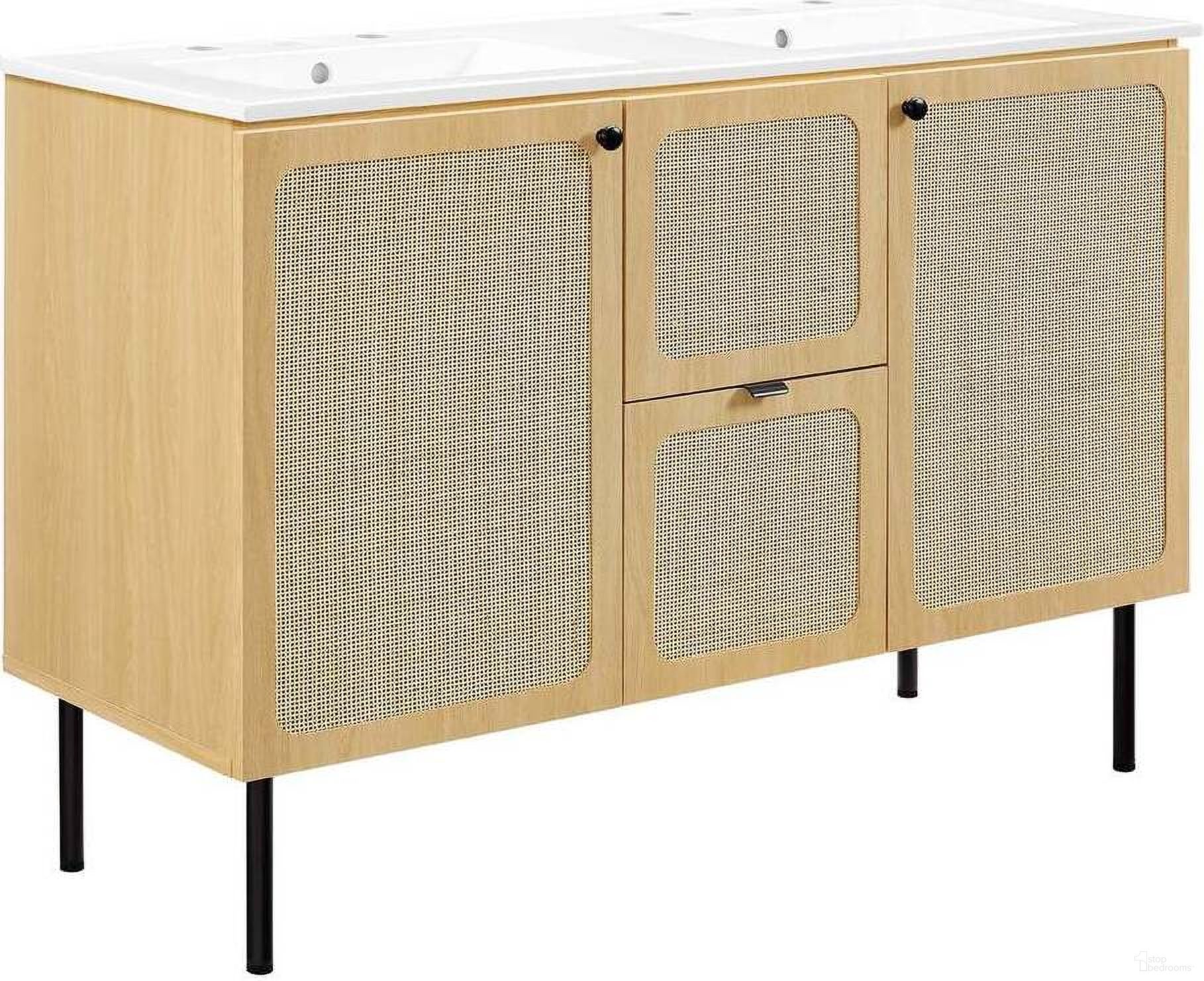 The appearance of Chaucer 48 Inch Double Sink Bathroom Vanity In Oak and White designed by Modway in the modern / contemporary interior design. This oak and white piece of furniture was selected by 1StopBedrooms from Chaucer Collection to add a touch of cosiness and style into your home. Sku: EEI-4376-WHI;EEI-6604-OAK. Material: Engineered Wood.