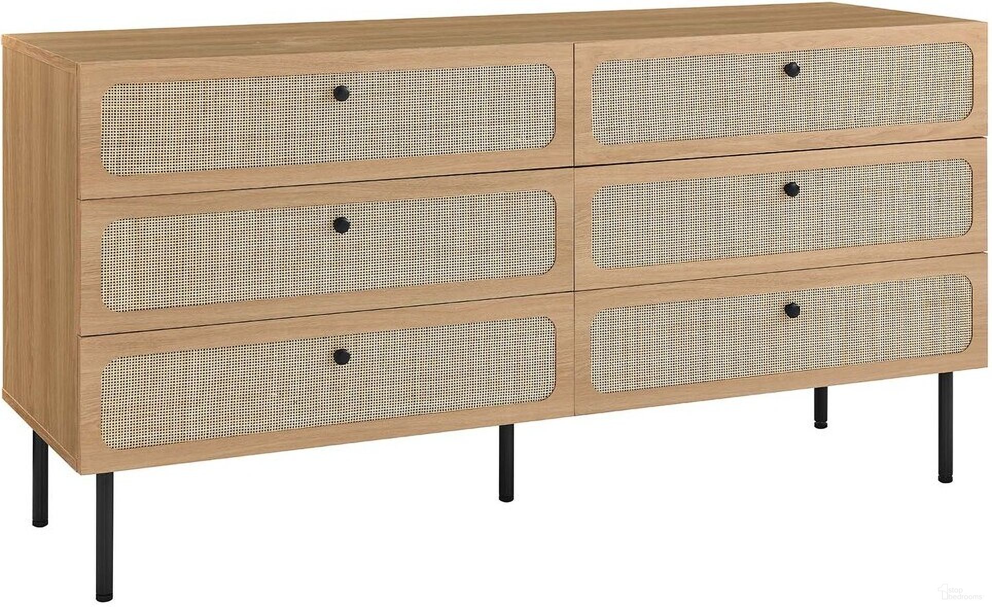 The appearance of Chaucer 6-Drawer Dresser In Oak designed by Modway in the modern / contemporary interior design. This oak piece of furniture was selected by 1StopBedrooms from Chaucer Collection to add a touch of cosiness and style into your home. Sku: MOD-7067-OAK-1;MOD-7067-OAK-2. Material: MDF.