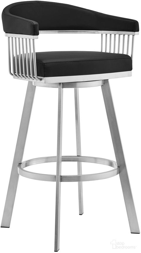The appearance of Chelsea 30 Inch Black Faux Leather and Brushed Stainless Steel Swivel Bar Stool designed by Armen Living in the modern / contemporary interior design. This black piece of furniture  was selected by 1StopBedrooms from Chelsea Collection to add a touch of cosiness and style into your home. Sku: LCCSBABSBL30. Material: Stainless Steel.