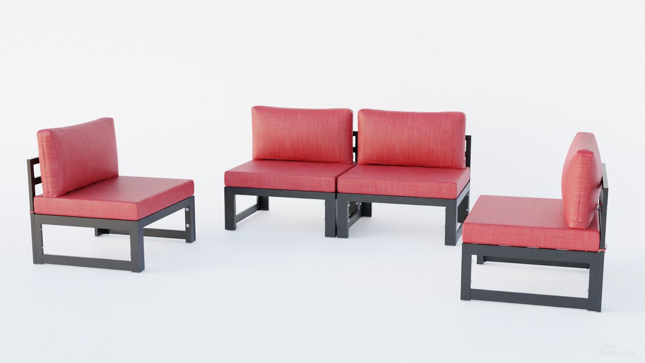 The appearance of Chelsea 4 Piece Patio Chairs with Cushions In Red designed by LeisureMod in the modern / contemporary interior design. This red piece of furniture  was selected by 1StopBedrooms from Chelsea Collection to add a touch of cosiness and style into your home. Sku: CSBL-4R. Material: Aluminum.