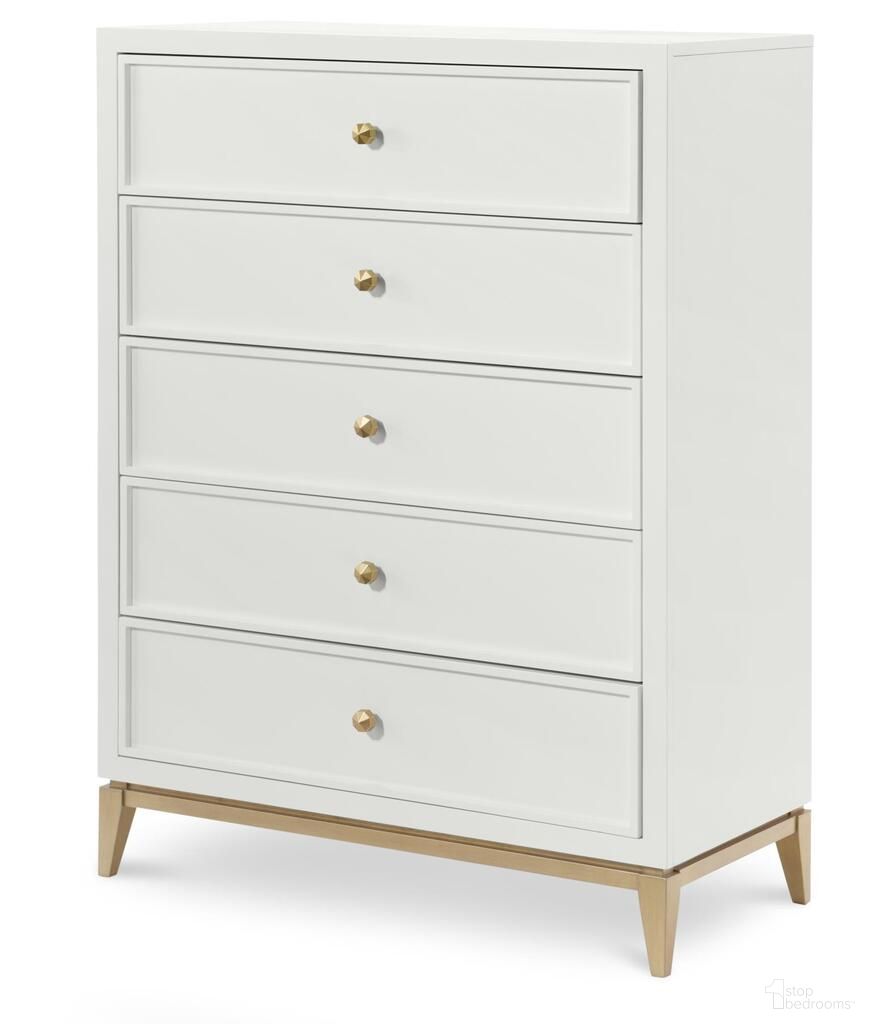 The appearance of Chelsea 5 Drawer Chest In White and Gold designed by Legacy Classic in the modern / contemporary interior design. This white and gold piece of furniture was selected by 1StopBedrooms from Chelsea Collection to add a touch of cosiness and style into your home. Sku: N7810-2200C. Material: Hardwood.
