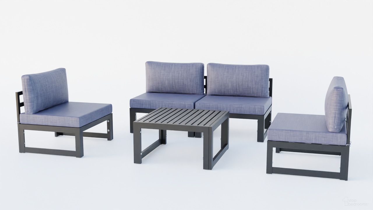 The appearance of Chelsea 5 Piece Patio Chairs and Coffee Table Set with Cushions In Blue designed by LeisureMod in the modern / contemporary interior design. This blue piece of furniture  was selected by 1StopBedrooms from Chelsea Collection to add a touch of cosiness and style into your home. Sku: CSTBL-4BU. Material: Aluminum.