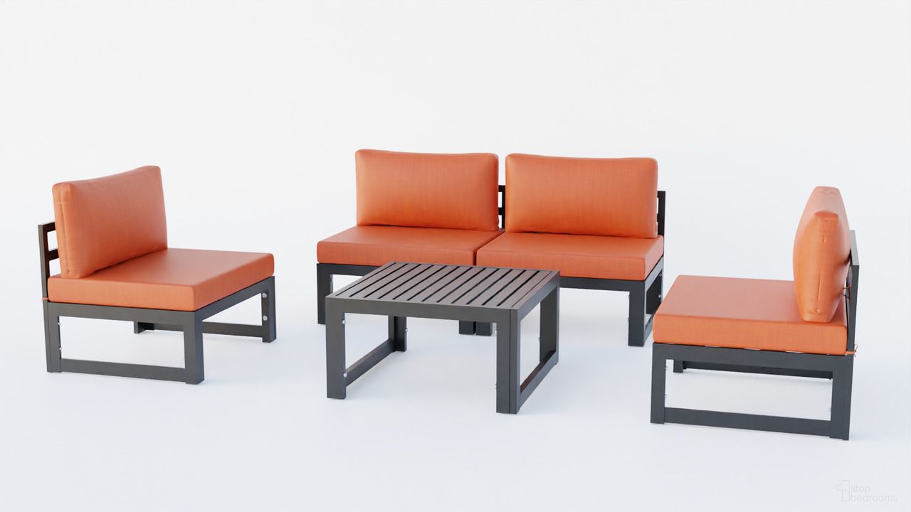 The appearance of Chelsea 5 Piece Patio Chairs and Coffee Table Set with Cushions In Orange designed by LeisureMod in the modern / contemporary interior design. This orange piece of furniture  was selected by 1StopBedrooms from Chelsea Collection to add a touch of cosiness and style into your home. Sku: CSTBL-4OR. Material: Aluminum.