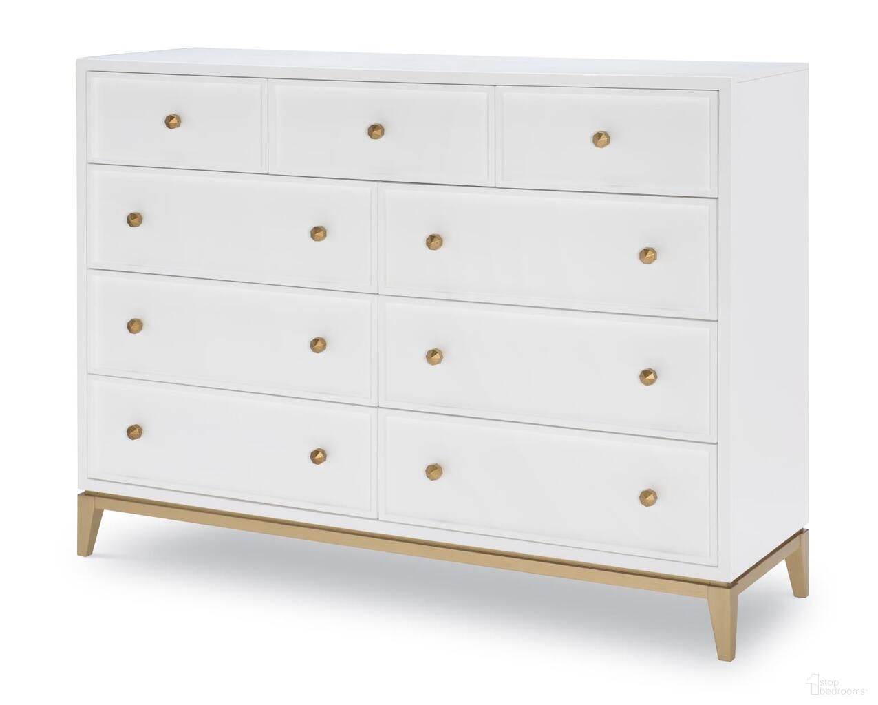 The appearance of Chelsea 9 Drawer Bureau In White and Gold designed by Legacy Classic in the modern / contemporary interior design. This white and gold piece of furniture was selected by 1StopBedrooms from Chelsea Collection to add a touch of cosiness and style into your home. Sku: 9781-1500C. Material: Hardwood.