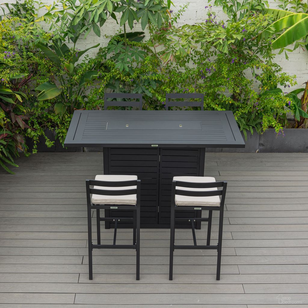 Chelsea Aluminum Outdoor Dining Set with 1 Bar Height Fire Pit Table and 4 Bar Chair In Black with Beige Cushions