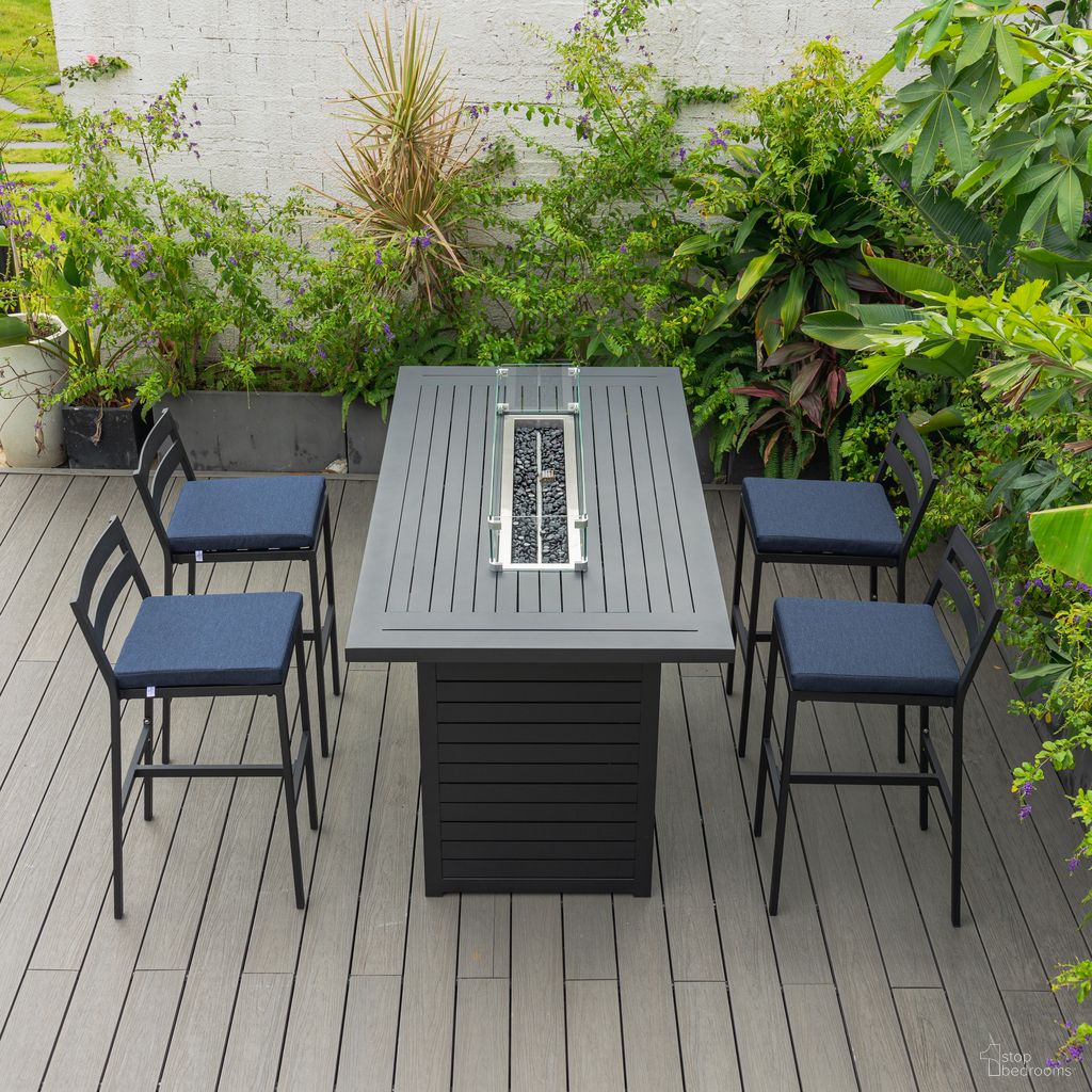 Chelsea Aluminum Outdoor Dining Set with 1 Bar Height Fire Pit Table and 4 Bar Chair In Black with Blue Cushions