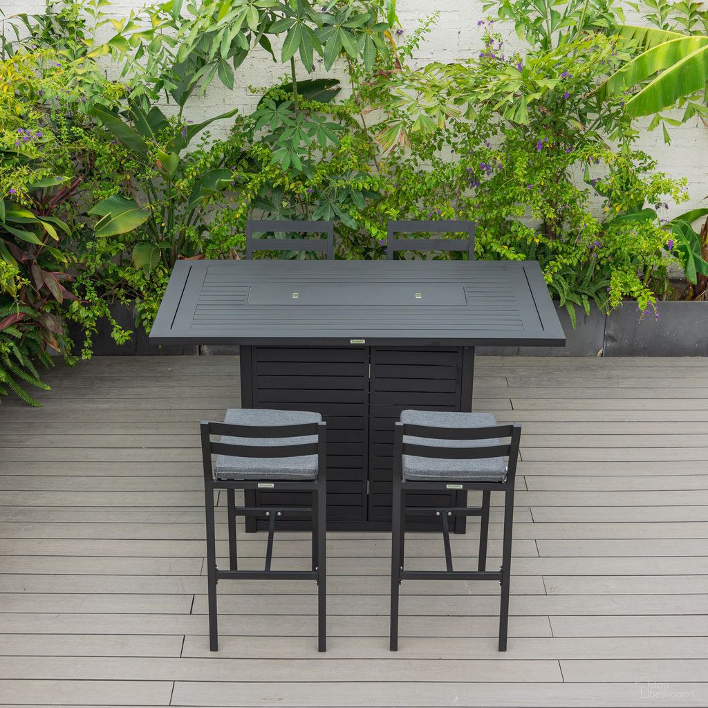 Chelsea Aluminum Outdoor Dining Set with 1 Bar Height Fire Pit Table and 4 Bar Chair In Black with Charocal Cushions