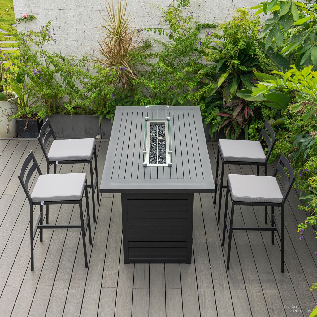 Chelsea Aluminum Outdoor Dining Set with 1 Bar Height Fire Pit Table and 4 Bar Chair In Black with Light Grey Cushions