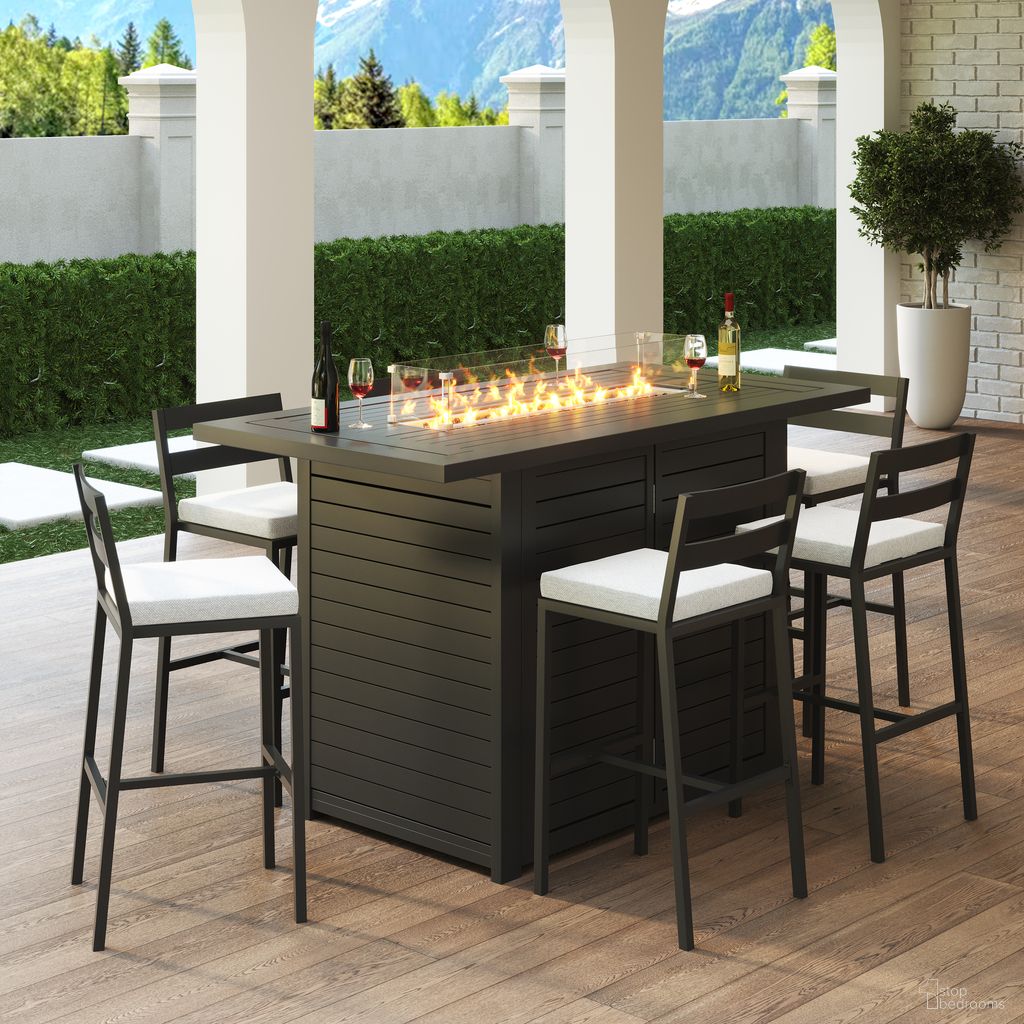 Chelsea Aluminum Outdoor Dining Set with 1 Bar Height Fire Pit Table and 6 Bar Chair In Black with Beige Cushions