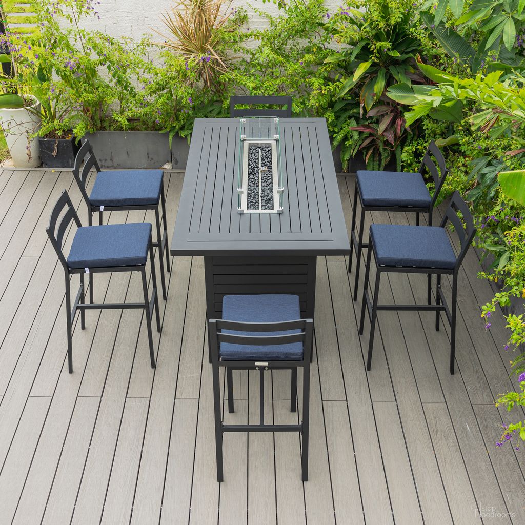 Chelsea Aluminum Outdoor Dining Set with 1 Bar Height Fire Pit Table and 6 Bar Chair In Black with Blue Cushions