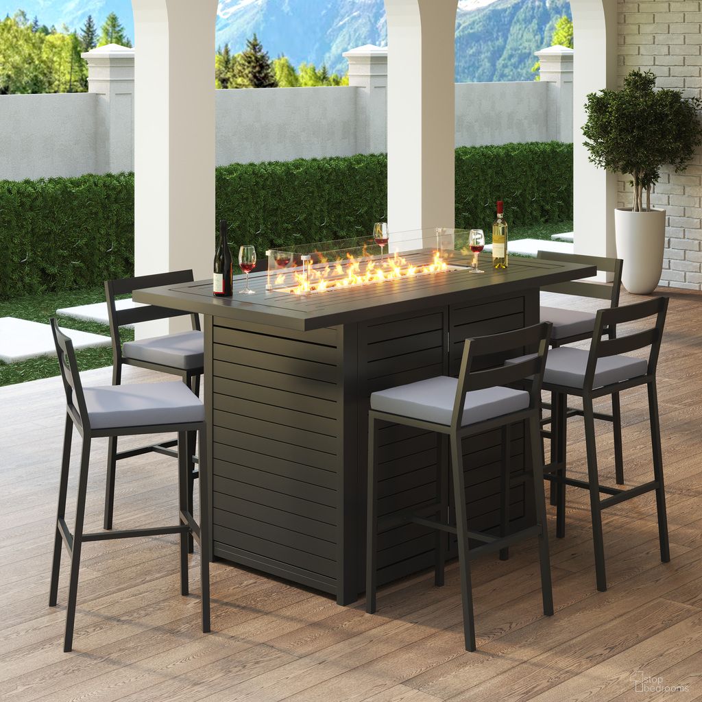 Chelsea Aluminum Outdoor Dining Set with 1 Bar Height Fire Pit Table and 6 Bar Chair In Black with Charocal Cushions