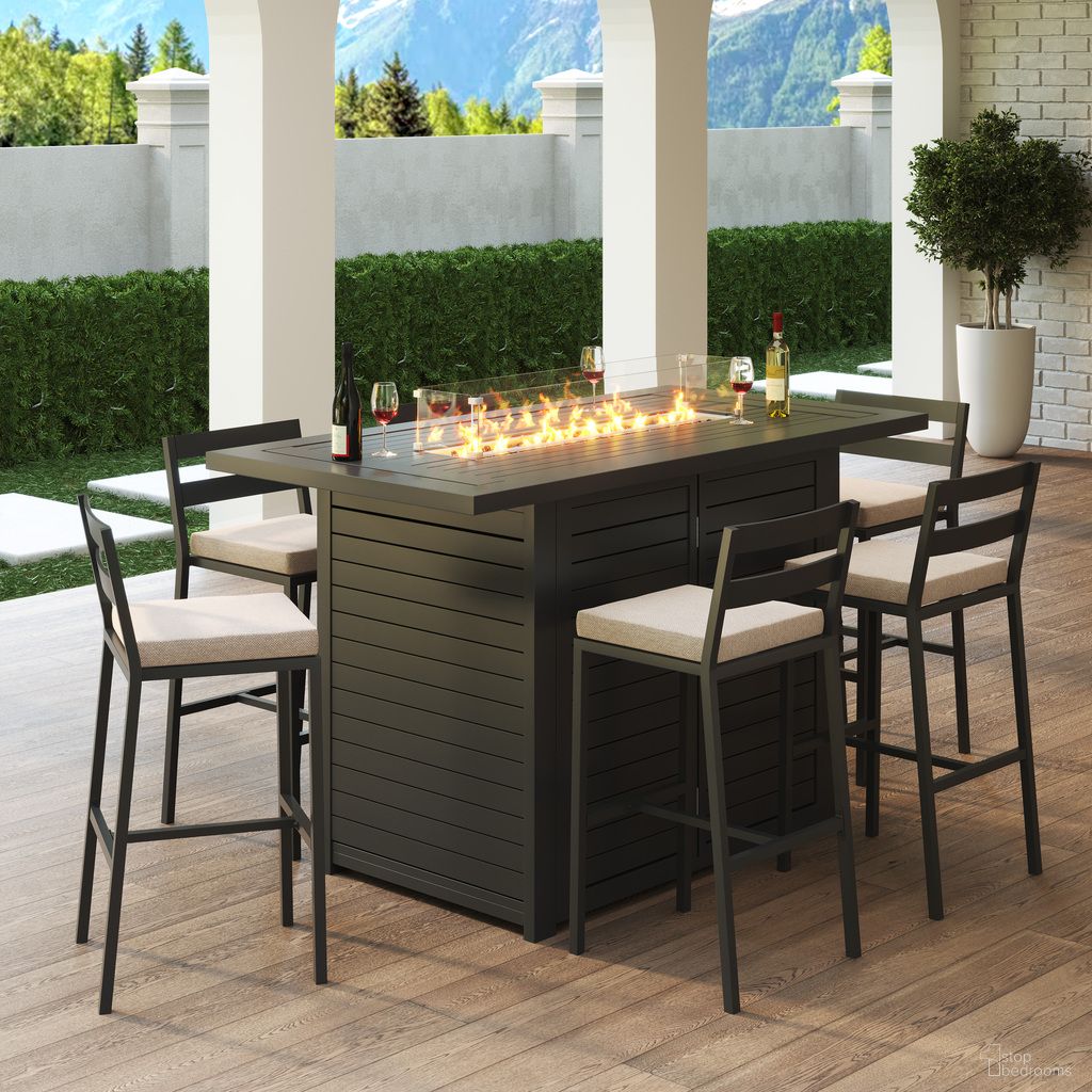 Chelsea Aluminum Outdoor Dining Set with 1 Bar Height Fire Pit Table and 6 Bar Chair In Black with Light Grey Cushions