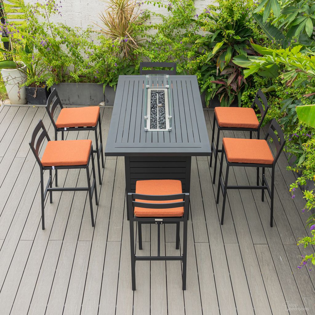 Chelsea Aluminum Outdoor Dining Set with 1 Bar Height Fire Pit Table and 6 Bar Chair In Black with Orange Cushions