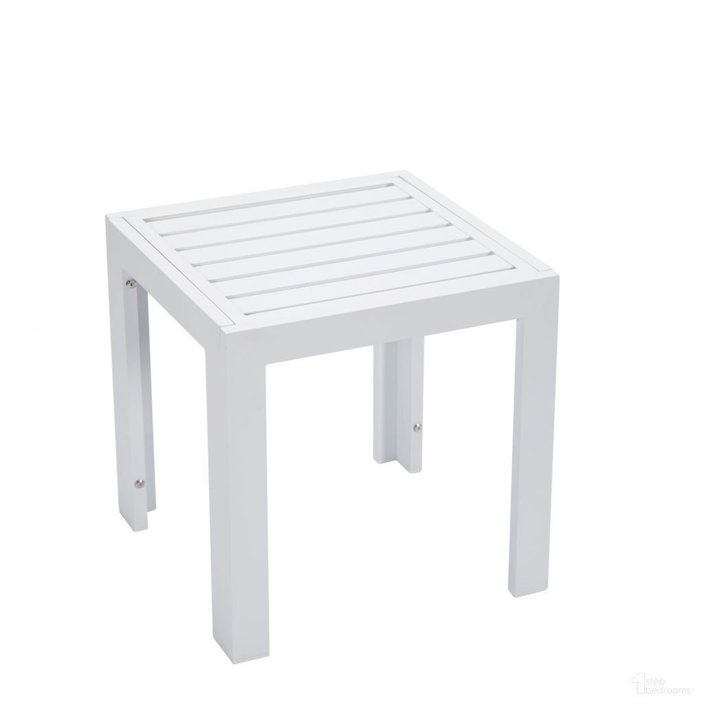 The appearance of Chelsea Aluminum Patio Side Table In White designed by LeisureMod in the modern / contemporary interior design. This white piece of furniture  was selected by 1StopBedrooms from Chelsea Collection to add a touch of cosiness and style into your home. Sku: CT18W. Table Top Shape: Square. Material: Aluminum.