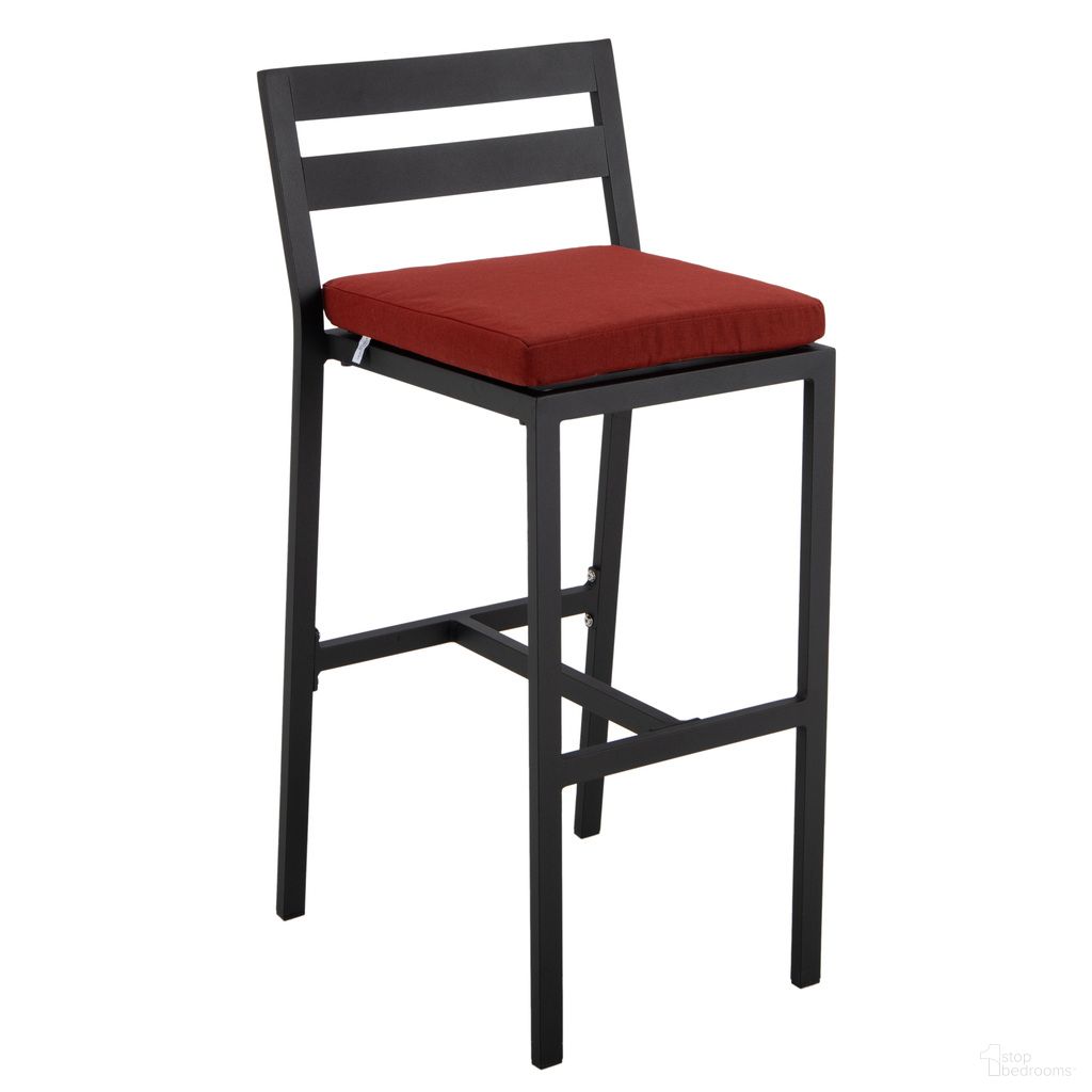The appearance of Chelsea Modern Aluminum Outdoor Bar Chair In Black with Cherry Cushions designed by LeisureMod in the modern / contemporary interior design. This cherry piece of furniture  was selected by 1StopBedrooms from Chelsea Collection to add a touch of cosiness and style into your home. Sku: CBBL-40CHR. Material: Aluminum.