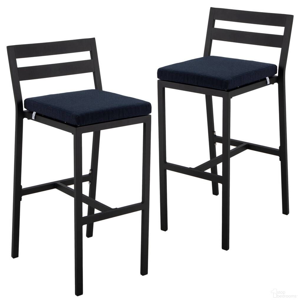 Chelsea Modern Aluminum Outdoor Bar Chair Set of 2 In Black with Blue Cushions