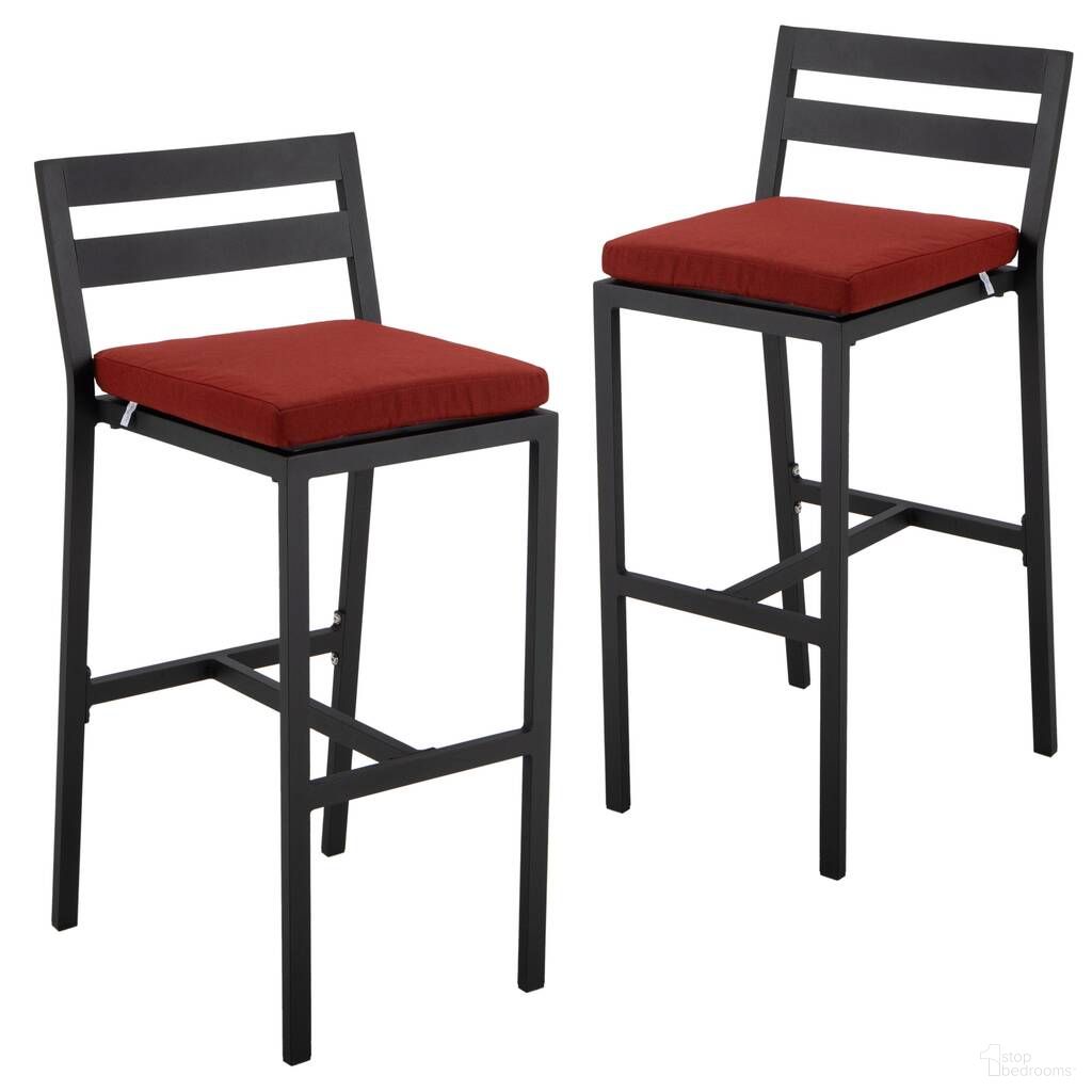The appearance of Chelsea Modern Aluminum Outdoor Bar Chair Set of 2 In Black with Cherry Cushions designed by LeisureMod in the modern / contemporary interior design. This cherry piece of furniture  was selected by 1StopBedrooms from Chelsea Collection to add a touch of cosiness and style into your home. Sku: CBBL-40CHR2. Material: Aluminum.