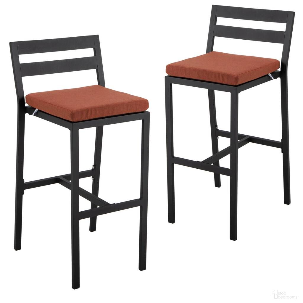 The appearance of Chelsea Modern Aluminum Outdoor Bar Chair Set of 2 In Black with Orange Cushions designed by LeisureMod in the modern / contemporary interior design. This orange piece of furniture  was selected by 1StopBedrooms from Chelsea Collection to add a touch of cosiness and style into your home. Sku: CBBL-40OR2. Material: Aluminum.