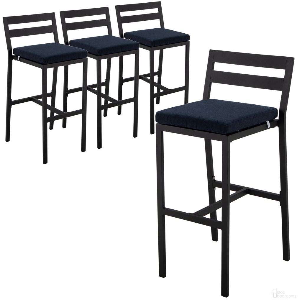 Chelsea Modern Aluminum Outdoor Bar Chair Set of 4 In Black with Blue Cushions