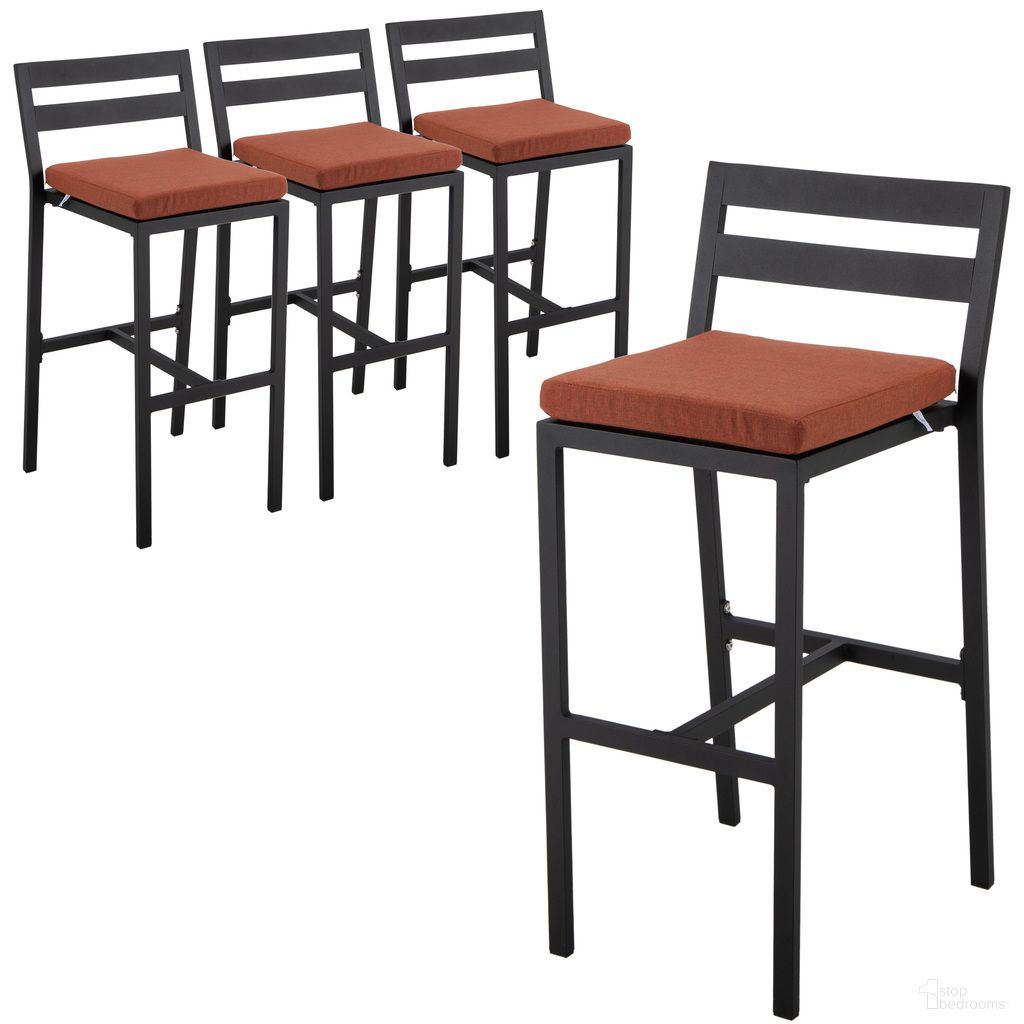 The appearance of Chelsea Modern Aluminum Outdoor Bar Chair Set of 4 In Black with Orange Cushions designed by LeisureMod in the modern / contemporary interior design. This orange piece of furniture  was selected by 1StopBedrooms from Chelsea Collection to add a touch of cosiness and style into your home. Sku: CBBL-40OR4. Material: Aluminum.