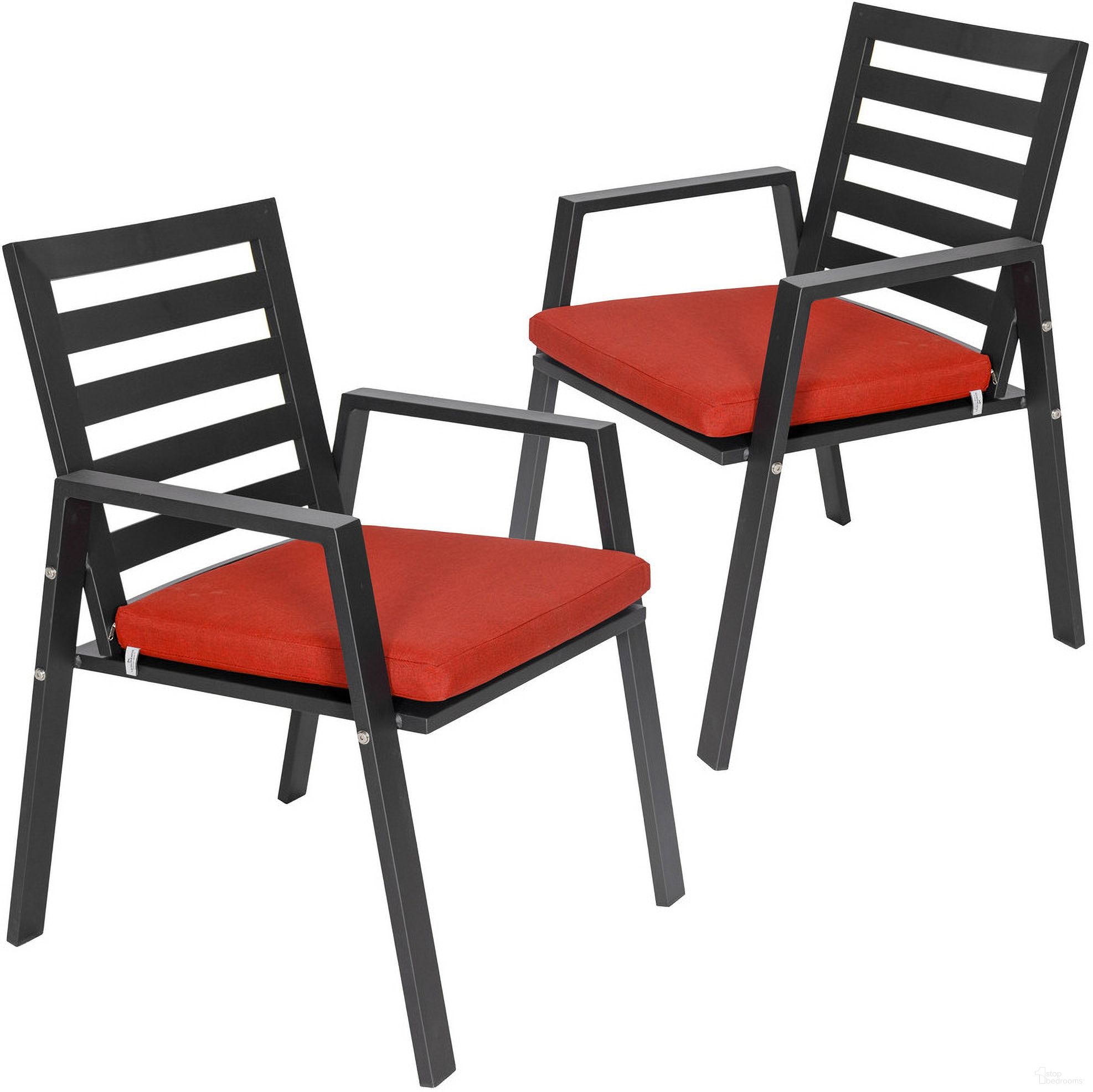 The appearance of Chelsea Patio Dining Armchair Set of 2 In Cherry Red designed by LeisureMod in the modern / contemporary interior design. This cherry red piece of furniture was selected by 1StopBedrooms from Chelsea Collection to add a touch of cosiness and style into your home. Sku: CC20BL-CHR2. Material: Aluminum.