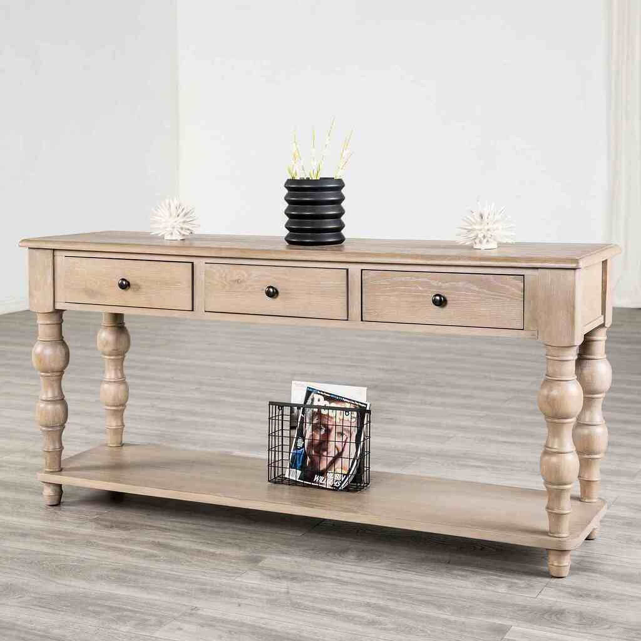 The appearance of Chesapeake Sofa Table In Light White Wash designed by Furniture of America in the transitional interior design. This light white wash piece of furniture was selected by 1StopBedrooms from Chesapeake Collection to add a touch of cosiness and style into your home. Sku: FM49000AK-S. Material: Solid Rubberwood.