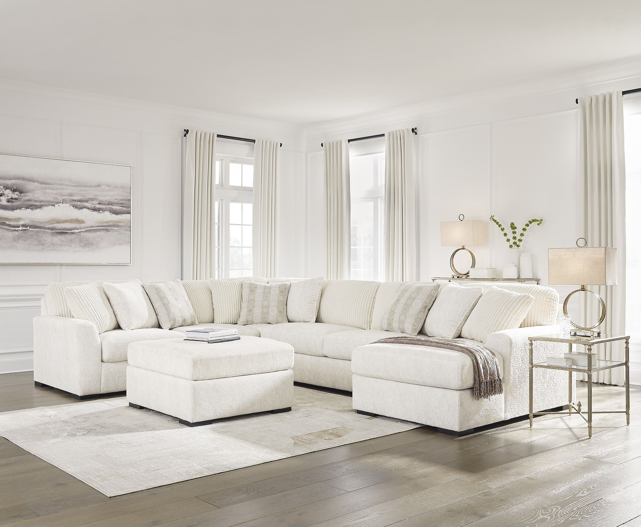 The appearance of Chessington 4-Piece Sectional and Oversized Accent Ottoman In Ivory designed by Signature Design by Ashley in the modern / contemporary interior design. This ivory piece of furniture  was selected by 1StopBedrooms from Chessington Collection to add a touch of cosiness and style into your home. Sku: 6190466;6190434;6190477;6190408;6190417. Material: Corduroy.