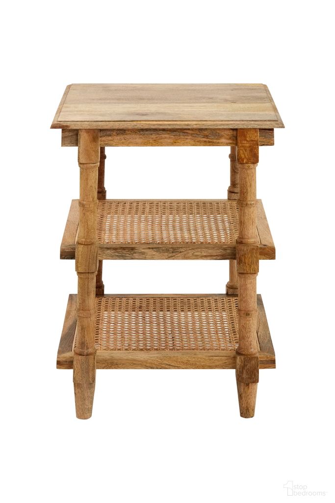 The appearance of Chesterfield Wood and Cane 3 Shelf Side Table In Natural designed by Carolina Living in the modern / contemporary interior design. This natural piece of furniture  was selected by 1StopBedrooms from Chesterfield Collection to add a touch of cosiness and style into your home. Sku: AT-1818-SH-NMCN. Material: Mango Wood.