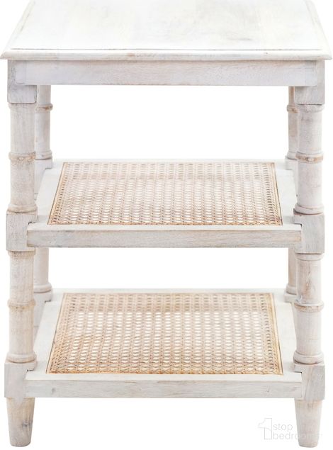 The appearance of Chesterfield Wood and Cane 3 Shelf Side Table In White Wash designed by Carolina Living in the modern / contemporary interior design. This white wash piece of furniture  was selected by 1StopBedrooms from Chesterfield Collection to add a touch of cosiness and style into your home. Sku: AT-1818-SH-WWCN. Material: Mango Wood.