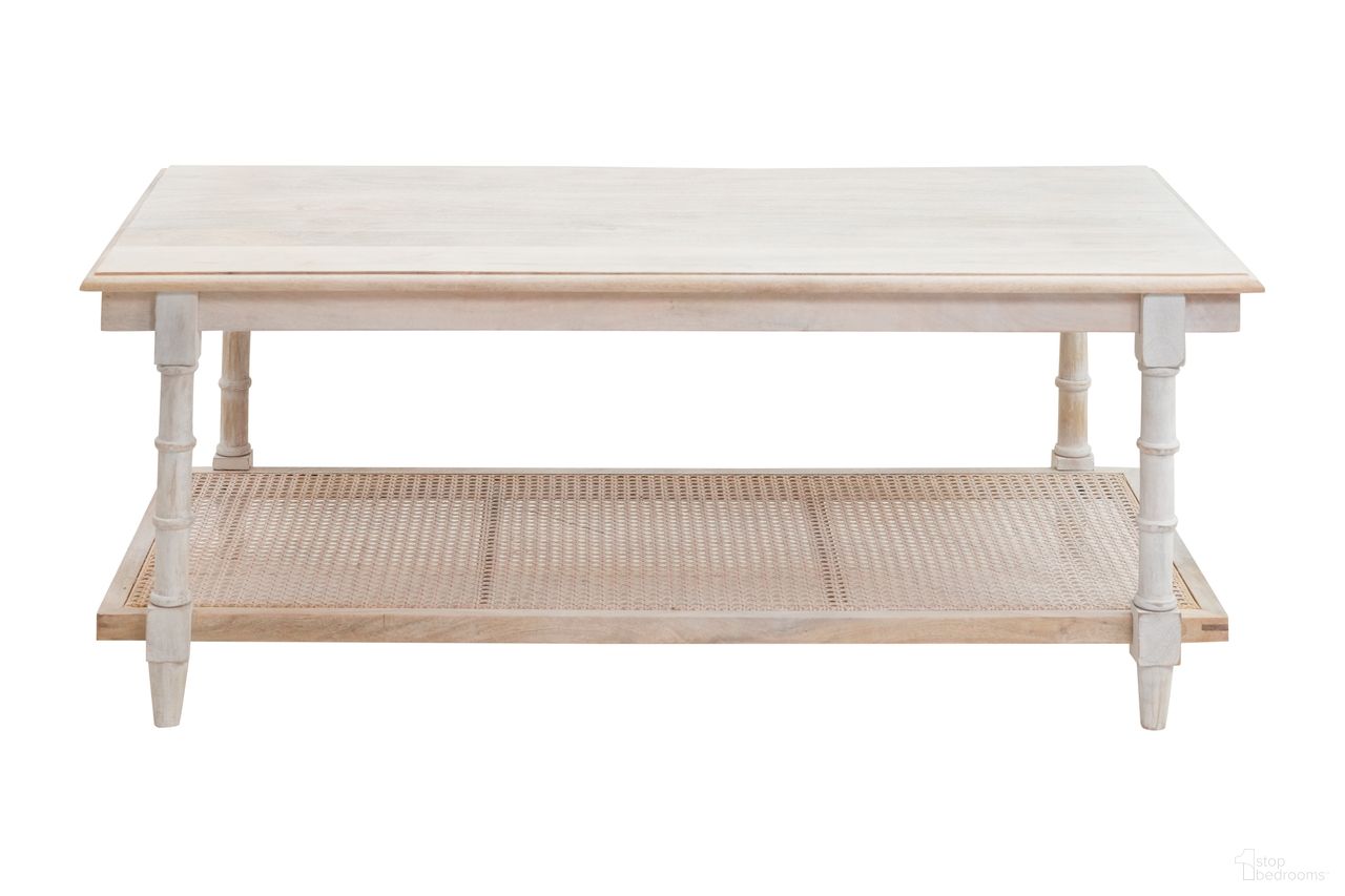 The appearance of Chesterfield Wood and Cane Coffee Table In White Wash designed by Carolina Living in the modern / contemporary interior design. This white wash piece of furniture  was selected by 1StopBedrooms from Chesterfield Collection to add a touch of cosiness and style into your home. Sku: CT-4218-SH-WWCN. Material: Mango Wood.