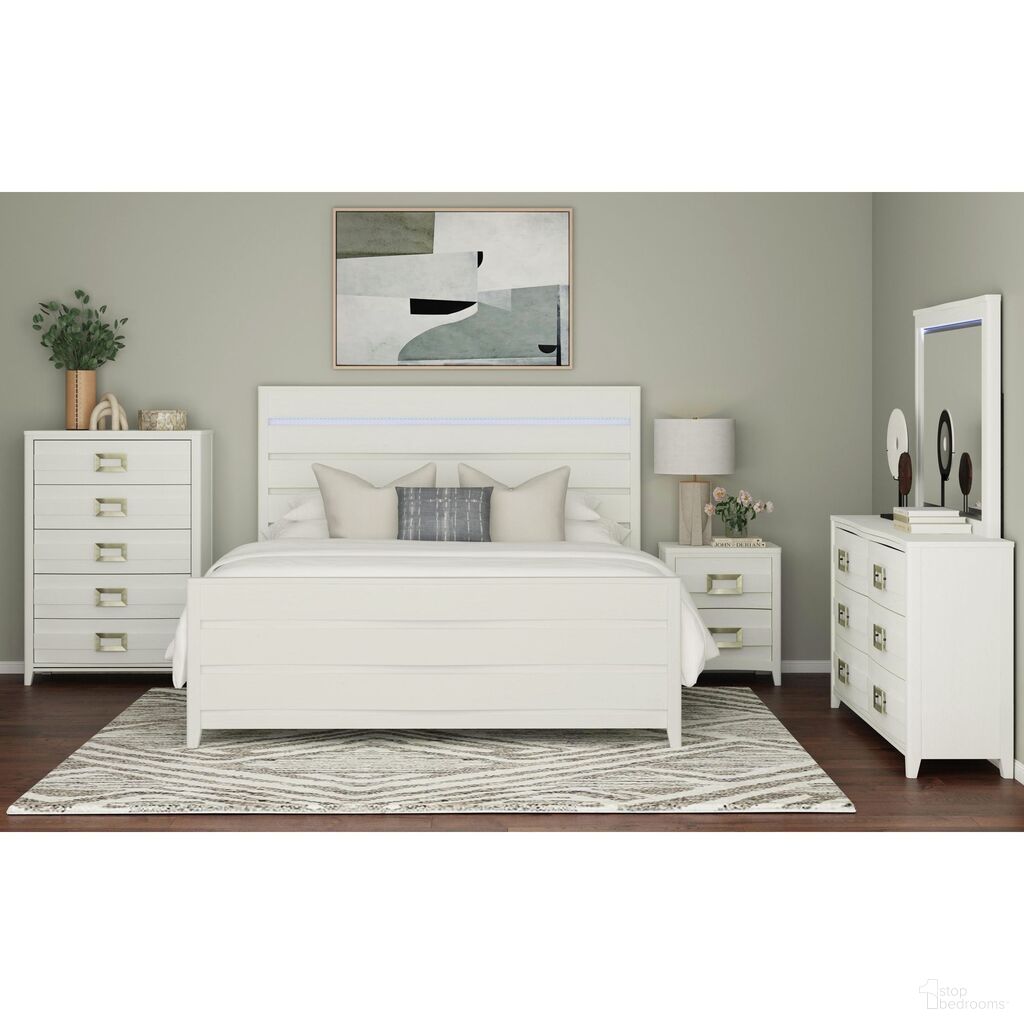 The appearance of Chett Bedroom Set with LED In White designed by Picket House in the modern / contemporary interior design. This white piece of furniture was selected by 1StopBedrooms from Chett Collection to add a touch of cosiness and style into your home. Sku: B-15990-7-QHFL;B-15990-7-QKR;B-15990-7-NS. Bed Size: King. Material: Paper.