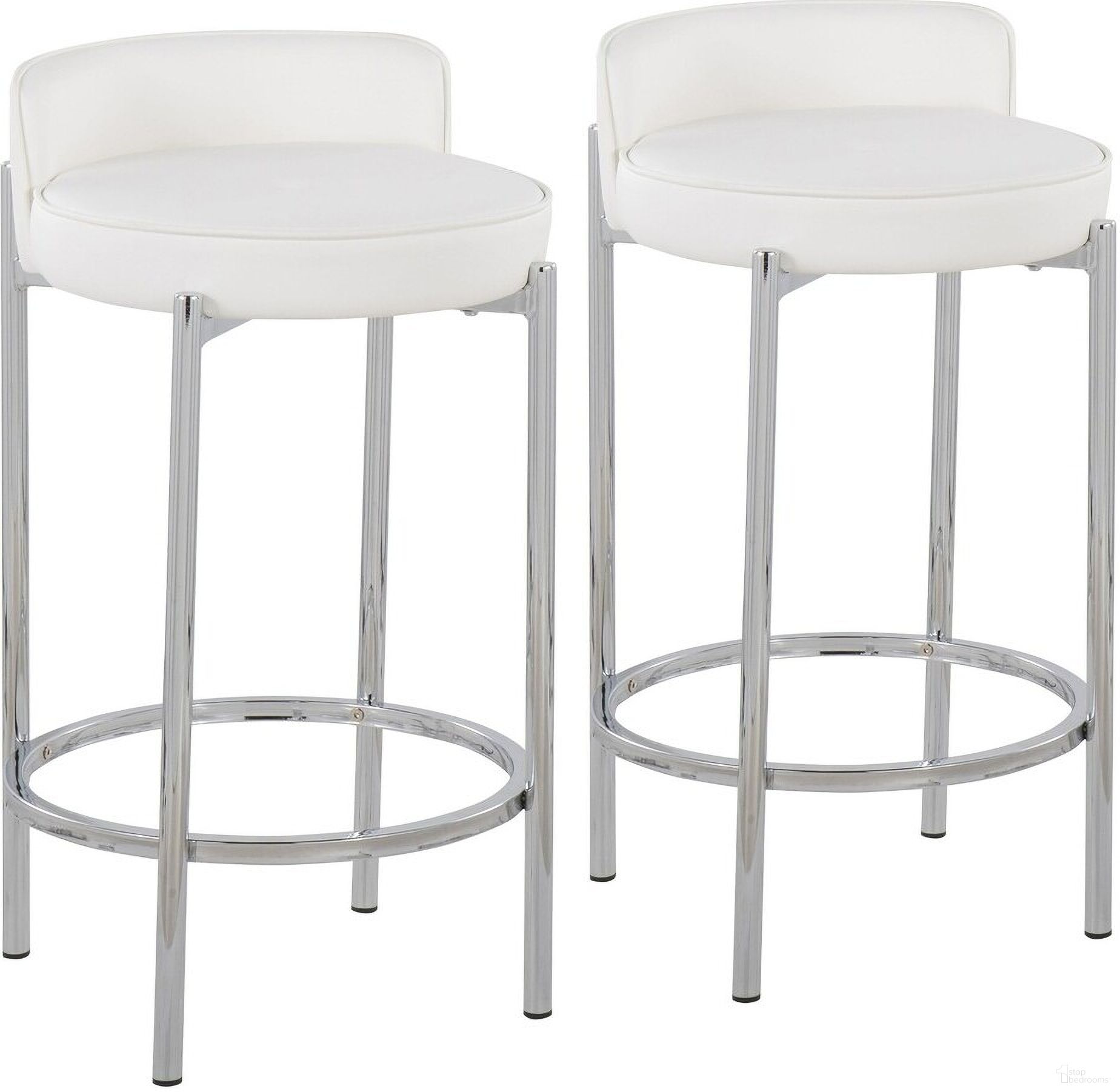 The appearance of Chloe Counter Stool Set of 2 In White/Chrome designed by Lumisource in the modern / contemporary interior design. This white piece of furniture was selected by 1StopBedrooms from Chloe Collection to add a touch of cosiness and style into your home. Sku: B26-CHLOE W2. Material: Leather.