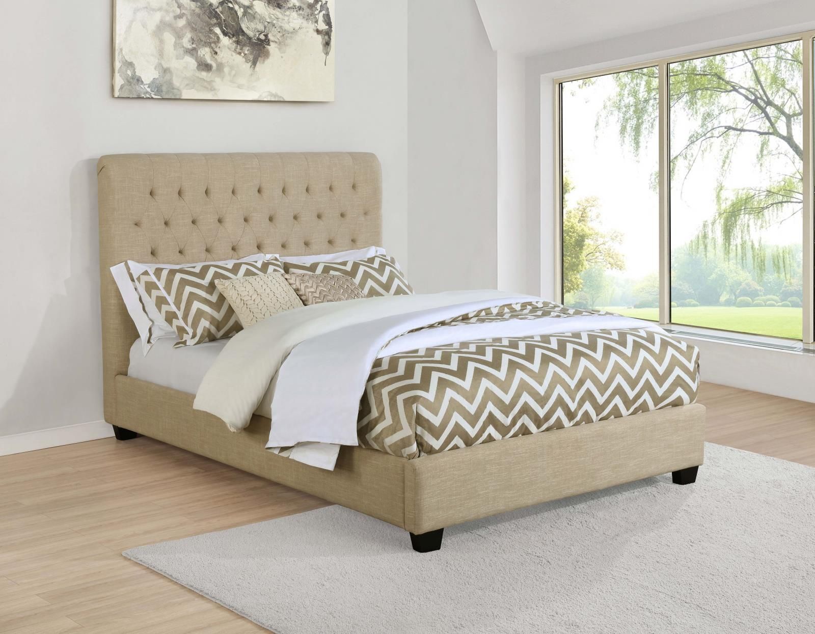 The appearance of Chloe Tufted Upholstered Eastern King Bed Oatmeal designed by Coaster in the transitional interior design. This oatmeal piece of furniture was selected by 1StopBedrooms from Chloe Collection to add a touch of cosiness and style into your home. Sku: 300007KEB1;300007KEB2. Bed Type: Platform Bed. Material: Upholstered. Bed Size: King.