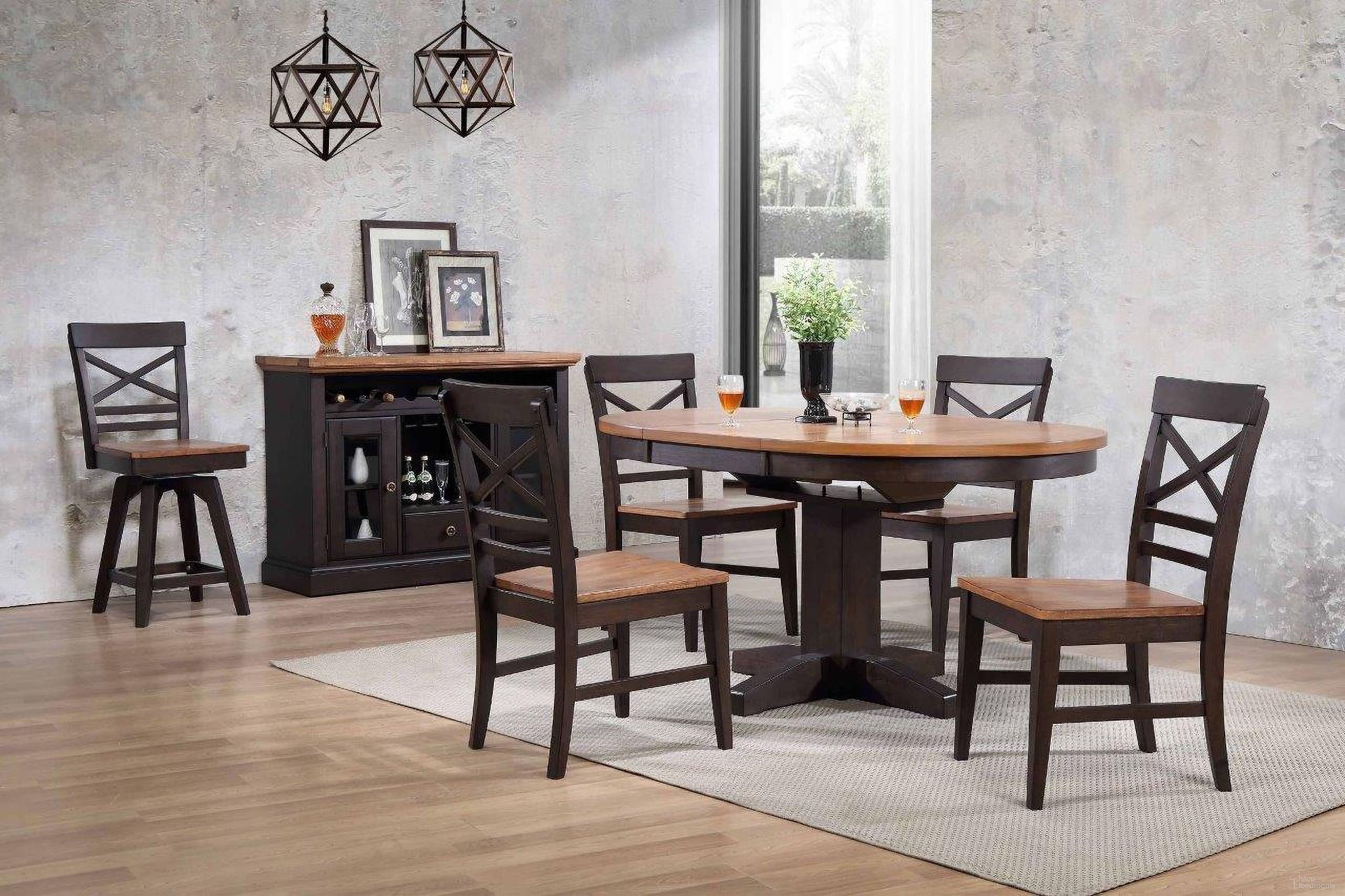 The appearance of Choices Black Oak 42 Inch Extendable Dining Room Set designed by ECI in the transitional interior design. This black piece of furniture was selected by 1StopBedrooms from Choices Collection to add a touch of cosiness and style into your home. Sku: 0733-50-RT;0733-50-RB;0737-50-S1. Table Base Style: Pedestal. Table Top Shape: Round. Material: Wood. Size: 42".