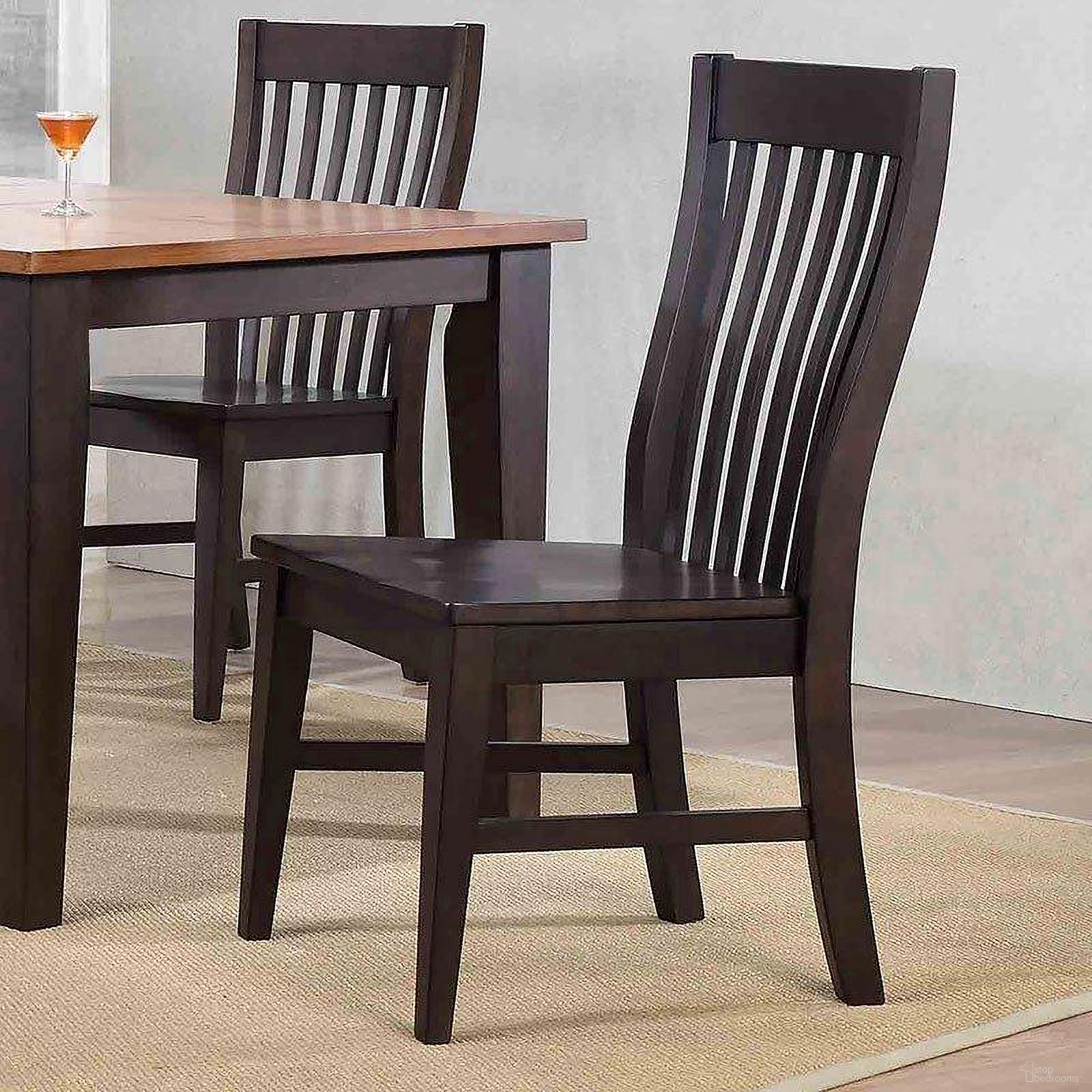 The appearance of Choices Black Oak Side Chair With Slat Back Set of 2 designed by ECI in the transitional interior design. This brown piece of furniture  was selected by 1StopBedrooms from Choices Collection to add a touch of cosiness and style into your home. Sku: 0738-50-S1. Material: Wood. Chair Type: Side Chair.