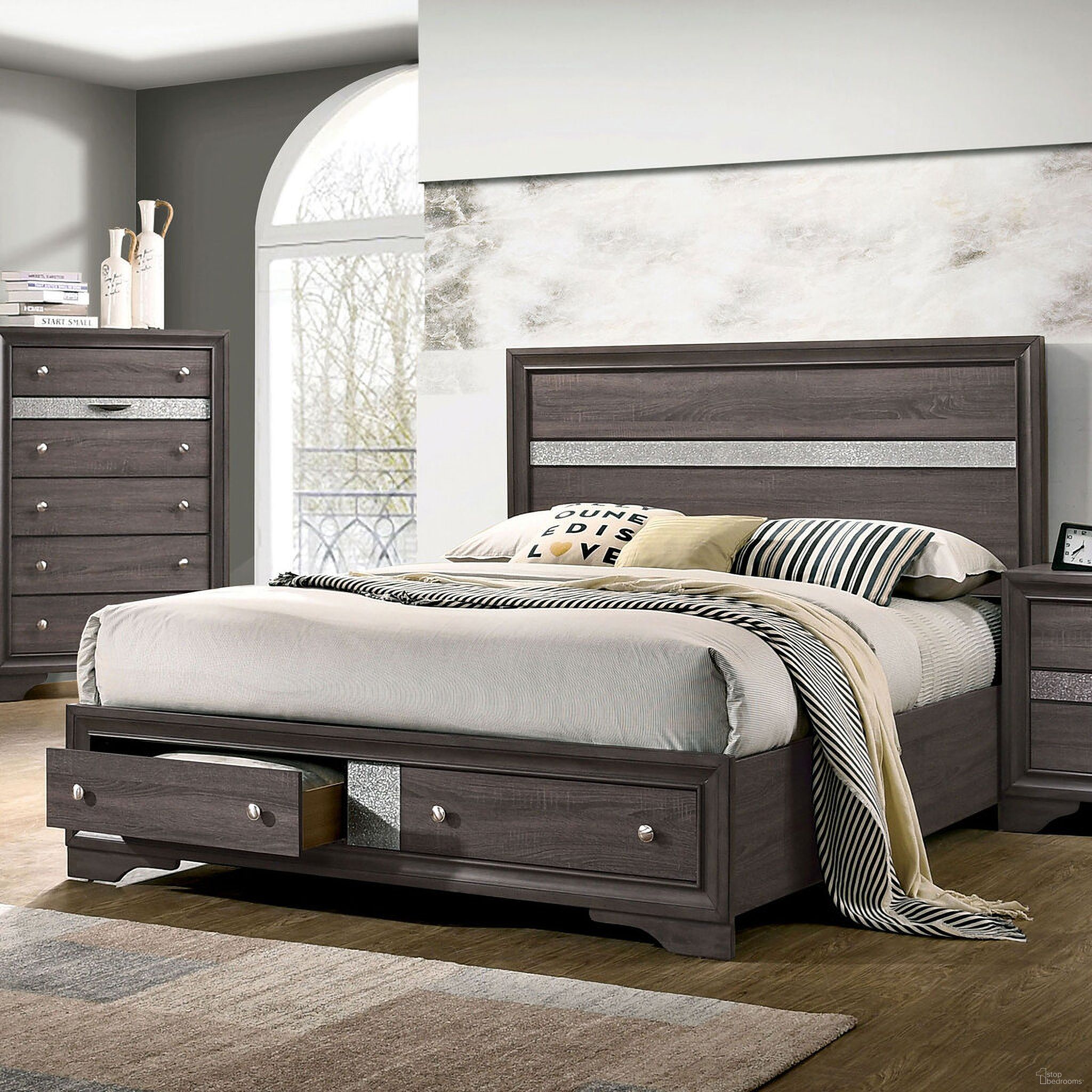 The appearance of Chrissy Queen Bed In Gray designed by Furniture of America in the modern / contemporary interior design. This gray piece of furniture was selected by 1StopBedrooms from Chrissy Collection to add a touch of cosiness and style into your home. Sku: CM7552GY-Q-HBFB;CM7552GY-Q-R;CM7552GY-Q-DR. Bed Type: Platform Bed. Material: Wood. Bed Size: Queen.