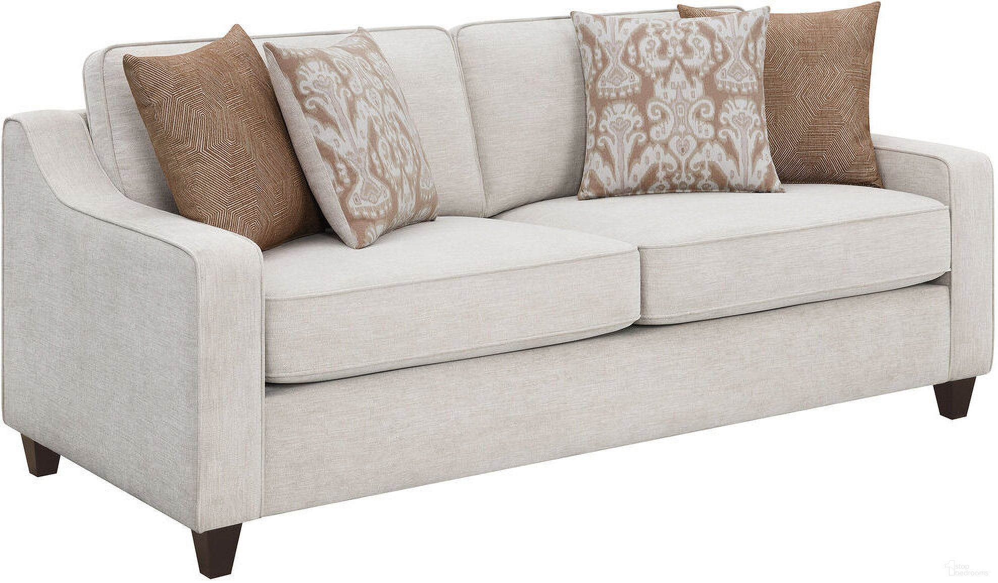 The appearance of Christine Upholstered Cushion Back Sofa Beige designed by Coaster in the transitional interior design. This beige piece of furniture was selected by 1StopBedrooms from Christine Collection to add a touch of cosiness and style into your home. Sku: 552061. Material: Upholstered.