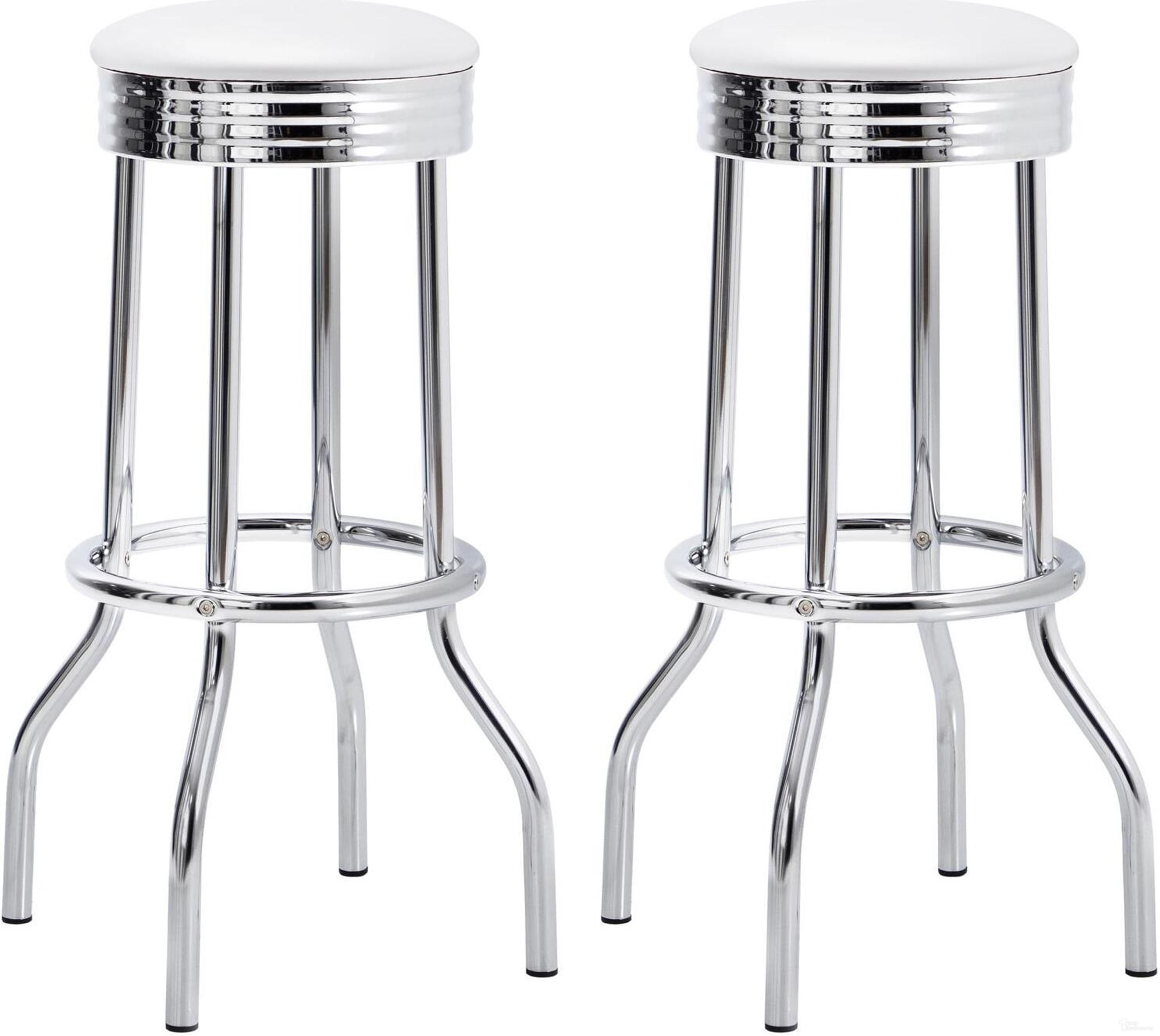 The appearance of Retro Upholstered Top Bar Stools White and Chrome Set of 2 designed by Coaster in the modern / contemporary interior design. This white piece of furniture was selected by 1StopBedrooms from Retro Collection to add a touch of cosiness and style into your home. Sku: 2299W. Material: Metal.