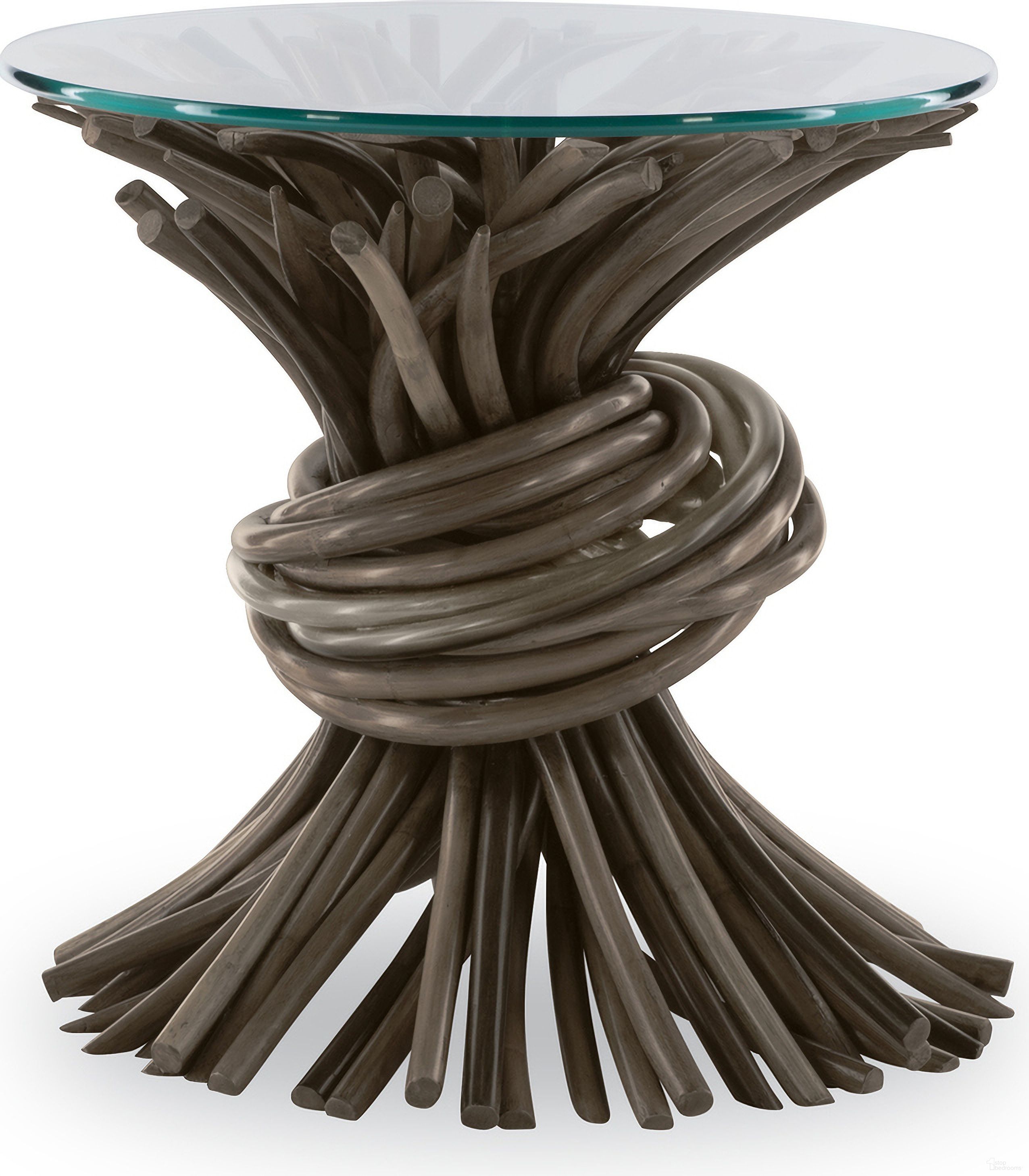 The appearance of Chronograph Knot End Table In Grey designed by Century Furniture in the modern / contemporary interior design. This grey piece of furniture was selected by 1StopBedrooms from Curate Collection to add a touch of cosiness and style into your home. Sku: CT2036B-GR;CTGLASS-24. Material: Rattan.