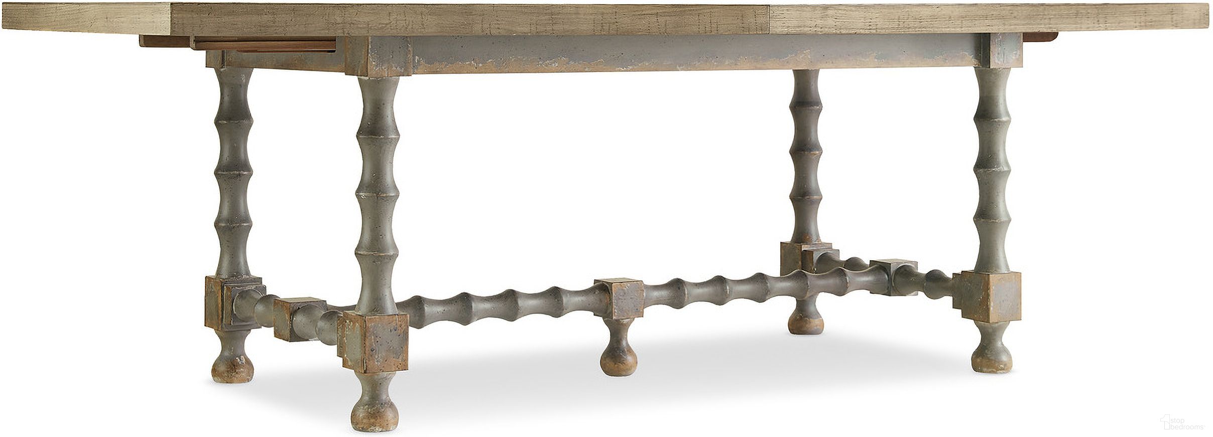 The appearance of Ciao Bella 84in Trestle Table w/ 2-18in Leaves-Natural/Gray designed by Hooker in the transitional interior design. This gray piece of furniture was selected by 1StopBedrooms from Ciaobella Collection to add a touch of cosiness and style into your home. Sku: 5805-75200B-95;5805-75200T-85. Table Base Style: Trestle. Table Top Shape: Rectangular. Material: Pine. Size: 42" x 84".