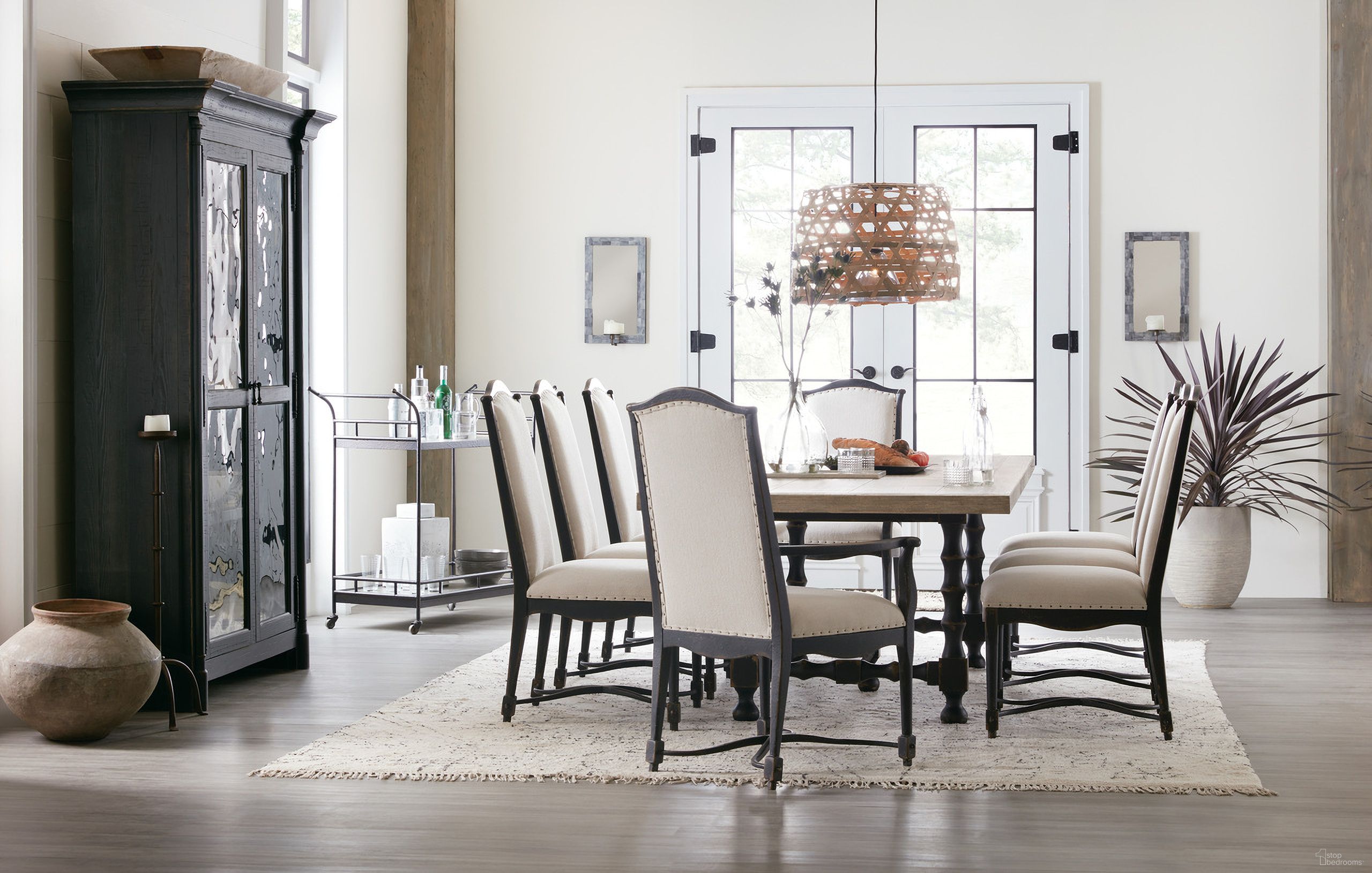 The appearance of Ciao Bella Black 84 Inch Extendable Dining Room Set designed by Hooker in the transitional interior design. This black piece of furniture was selected by 1StopBedrooms from Ciaobella Collection to add a touch of cosiness and style into your home. Sku: 5805-75200B-99;5805-75200T-80;5805-75310-99. Table Base Style: Trestle. Table Top Shape: Rectangular. Material: Pine. Size: 42" x 84".