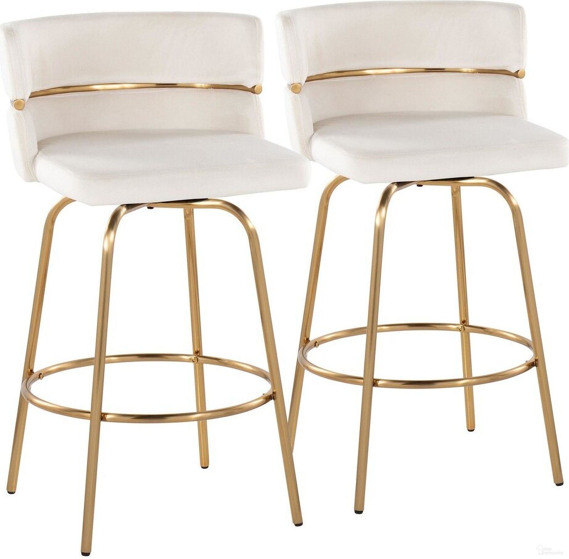 The appearance of Cinch Claire 26 Inch Fixed Height Counter Stool Set of 2 In Cream/Gold designed by Lumisource in the glam interior design. This gold piece of furniture was selected by 1StopBedrooms from Cinch Collection to add a touch of cosiness and style into your home. Sku: B26-CINCHV-CLARG2 AUAUCR2. Material: Metal.
