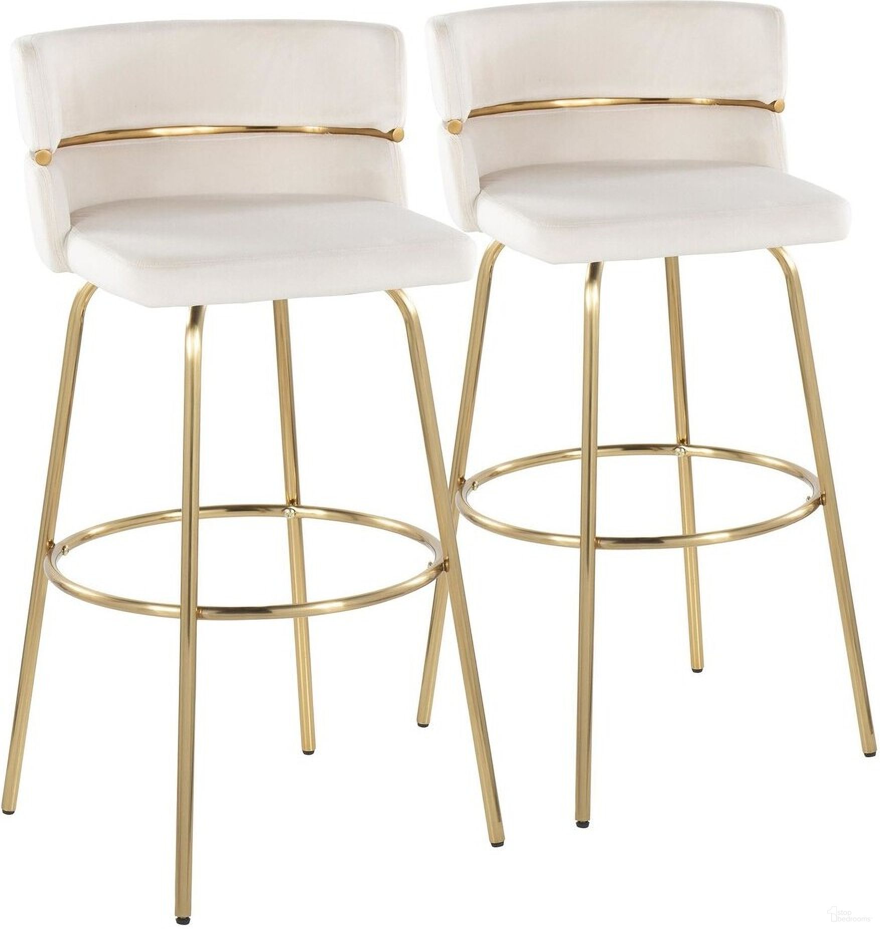 The appearance of Cinch Claire 30 Inch Fixed Height Barstool Set of 2 In Cream/Gold designed by Lumisource in the glam interior design. This cream piece of furniture was selected by 1StopBedrooms from Cinch Collection to add a touch of cosiness and style into your home. Sku: B30-CINCHV-CLARG2 AUAUCR2. Material: Metal.