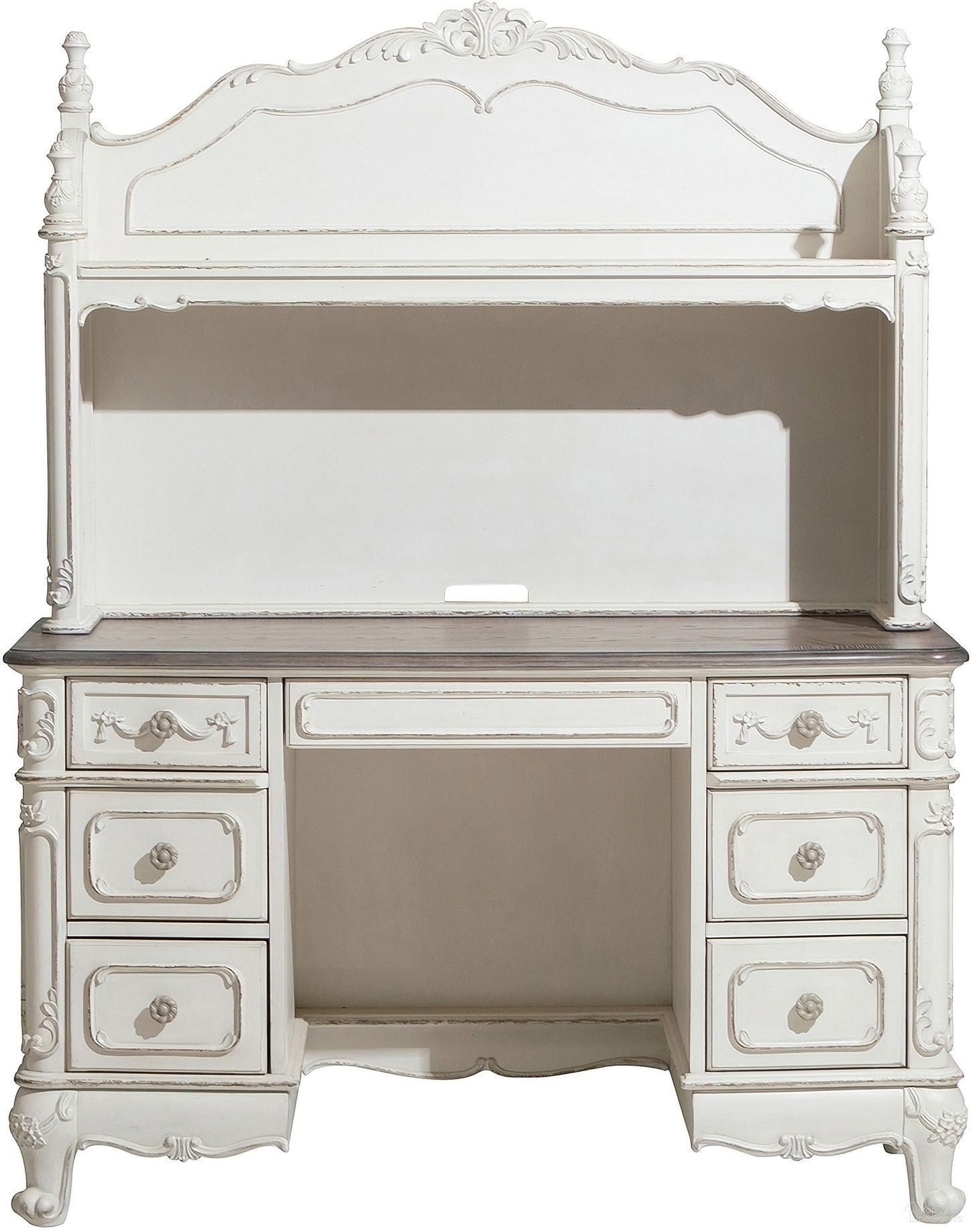 The appearance of Cinderella Antique White With Grey Writing Desk With Hutch designed by Homelegance in the transitional interior design. This white and brown piece of furniture was selected by 1StopBedrooms from Cinderella Collection to add a touch of cosiness and style into your home. Sku: 1386NW-10;1386NW-11. Material: Wood.