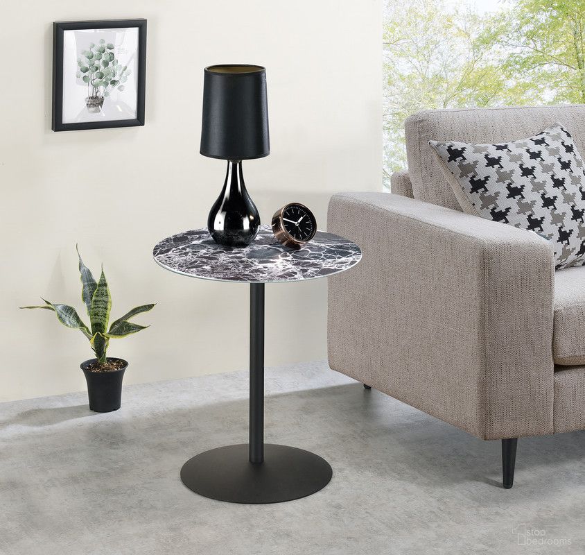 The appearance of Circa 17.5 Inch End Table with Marble Textured Top In Black designed by Lilola Home in the modern / contemporary interior design. This black piece of furniture  was selected by 1StopBedrooms from Circa Collection to add a touch of cosiness and style into your home. Sku: 98024. Material: Glass.