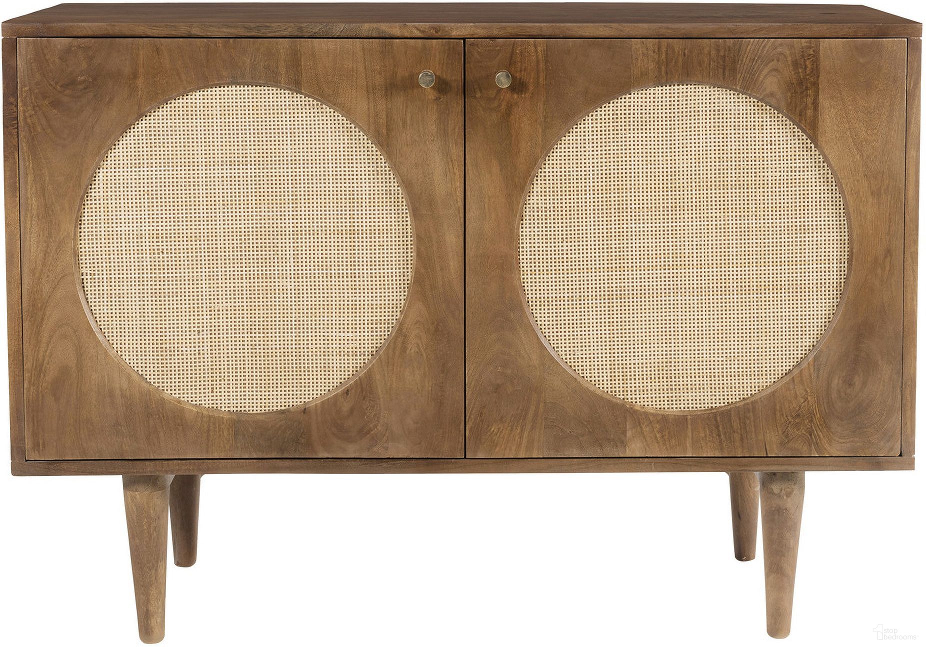Circle Solid Wood with Natural Woven Cane Two-Door Cabinet In Walnut
