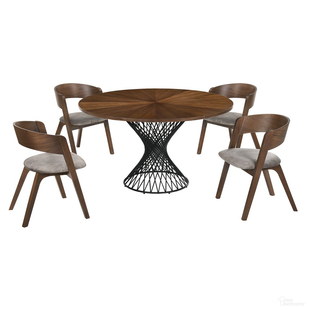 The appearance of Cirque and Jackie 5-Piece Walnut Round Dining Set designed by Armen Living in the transitional interior design. This walnut piece of furniture was selected by 1StopBedrooms from Cirque Collection to add a touch of cosiness and style into your home. Sku: LCCQDIWABX1;LCCQDIWABX2;LCJASIBRWA;LCJASIBRWA. Material: MDF.