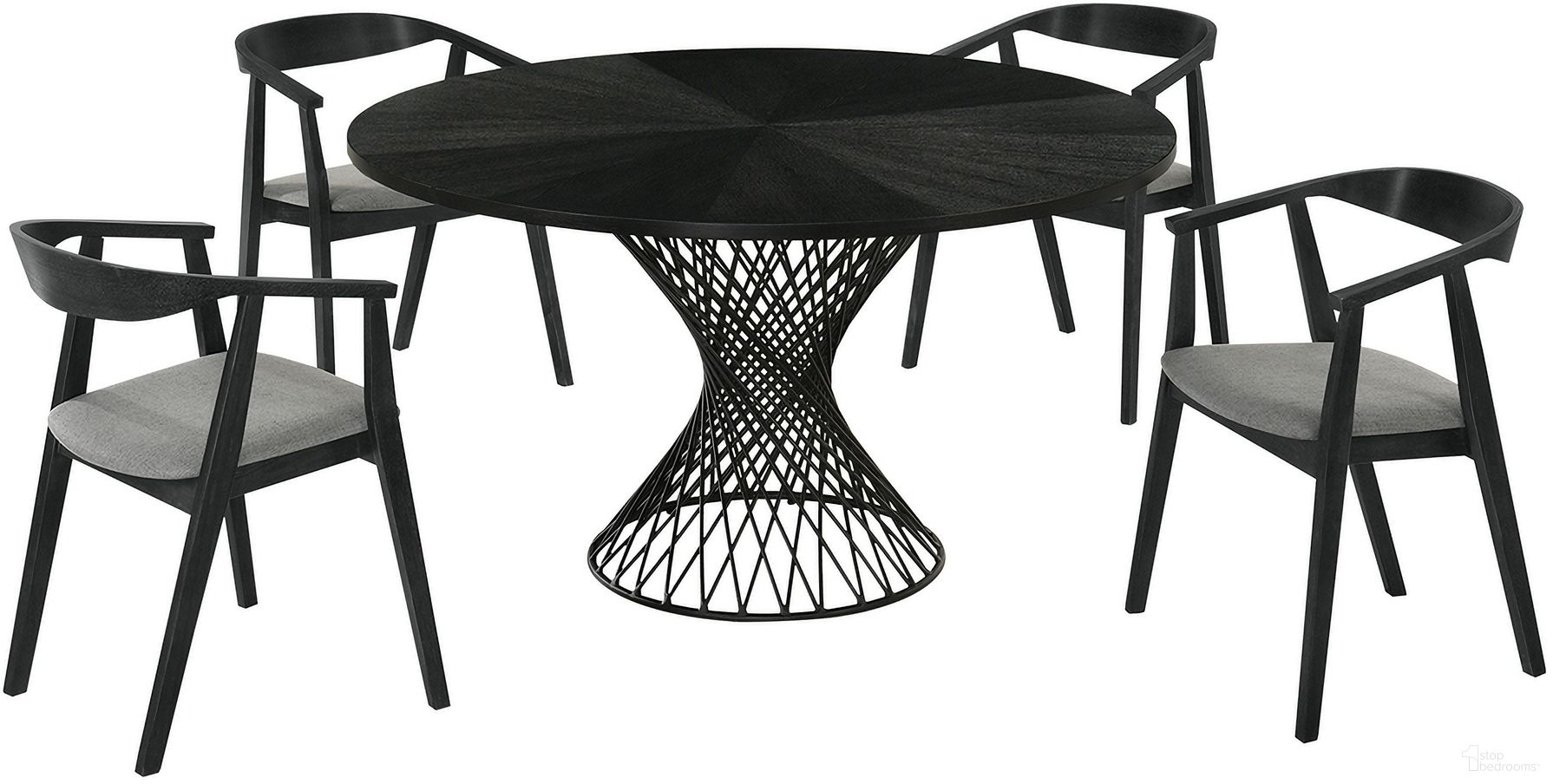 The appearance of Cirque Santana 5 Piece Wood Dining Table Set In Black designed by Armen Living in the transitional interior design. This black piece of furniture  was selected by 1StopBedrooms from Cirque Collection to add a touch of cosiness and style into your home. Sku: LCSACHBLKCH;LCSACHBLKCH;LCCQDIBLTOP;LCCQDIBLBASE. Material: Wood.
