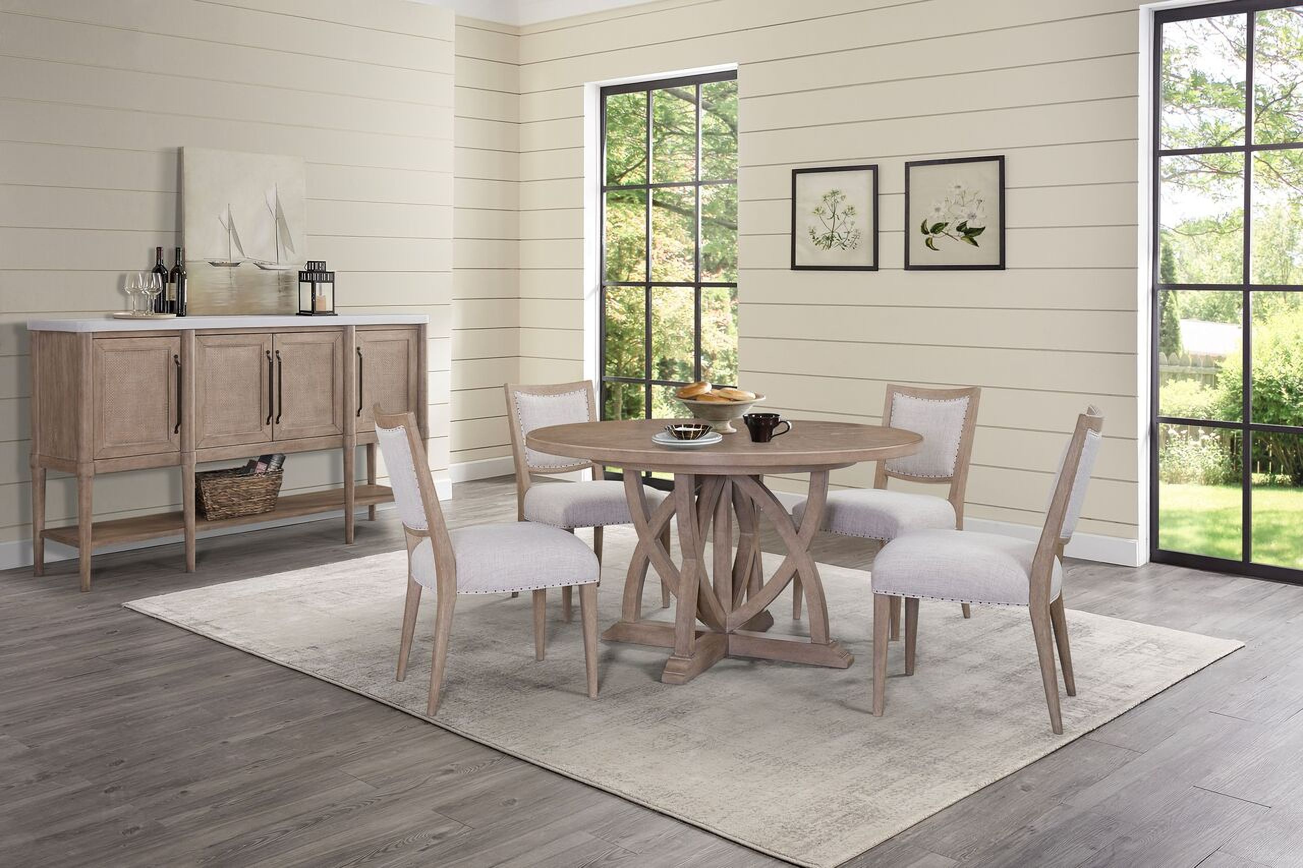 The appearance of Wilmington 18 Inch Round Dining Room Set In Sand designed by Bernell in the transitional interior design. This sand piece of furniture  was selected by 1StopBedrooms from Wilmington Collection to add a touch of cosiness and style into your home. Sku: 338-501;338-510;338-510;338-510;338-510. Table Base Style: Trestle. Material: Rubberwood. Size: 18".